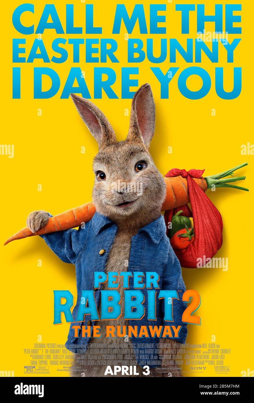 Peter Rabbit 2 (2020) directed by Will Gluck and starring Margot Robbie, Rose Byrne, Daisy Ridley and James Corden. Peter Rabbit decides to go on the run in this sequel to the successful 2018 film. Stock Photo