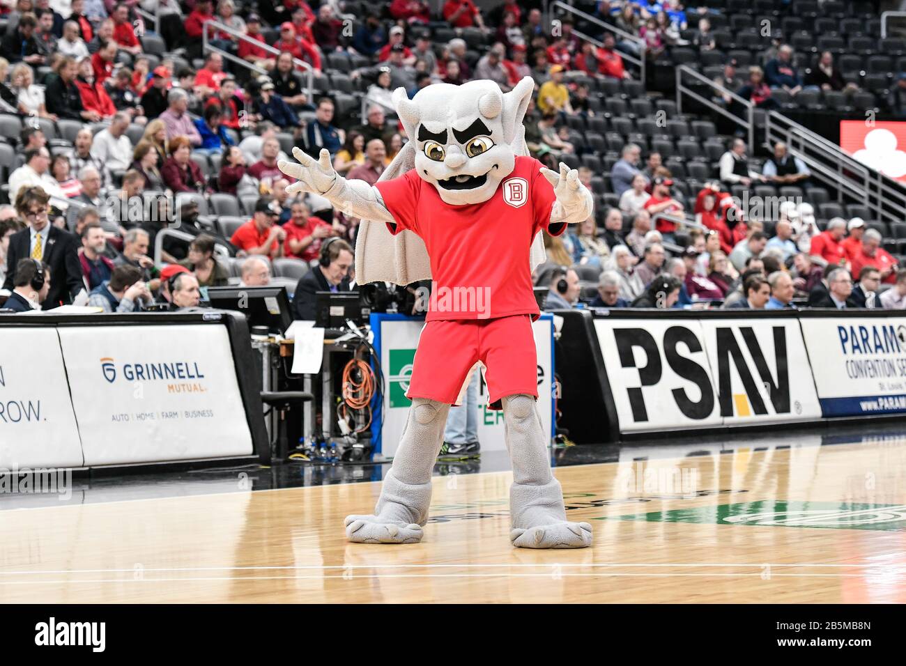 Mar 08, 2020: The Bradley mascot performs in the championship game of the  Missouri Valley Conference Men's Tournament between the Bradley Braves and  the Valparaiso Crusaders. Held at The Enterprise Center in