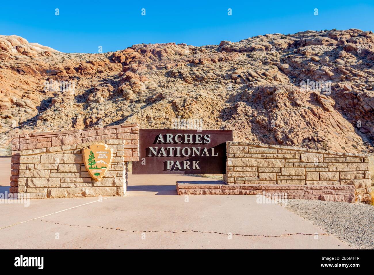 Entrance sign for Arches National Park in Moab, Utah USA. Stock Photo