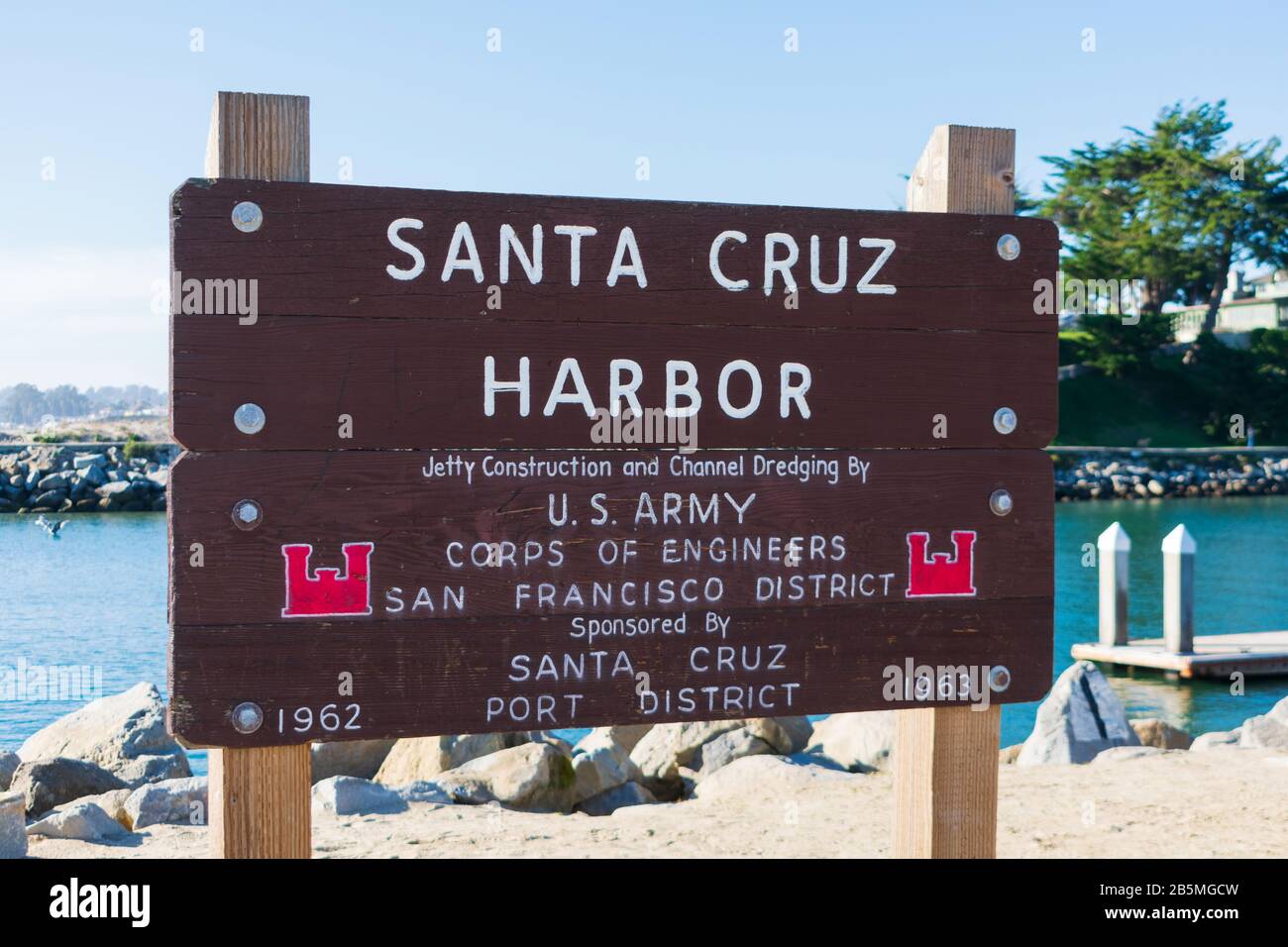 Santa Cruz Harbor sign. Jetty construction and channel dredging by U.S. Army Corps of Engineers - Santa Cruz, California, USA - December, 2019 Stock Photo