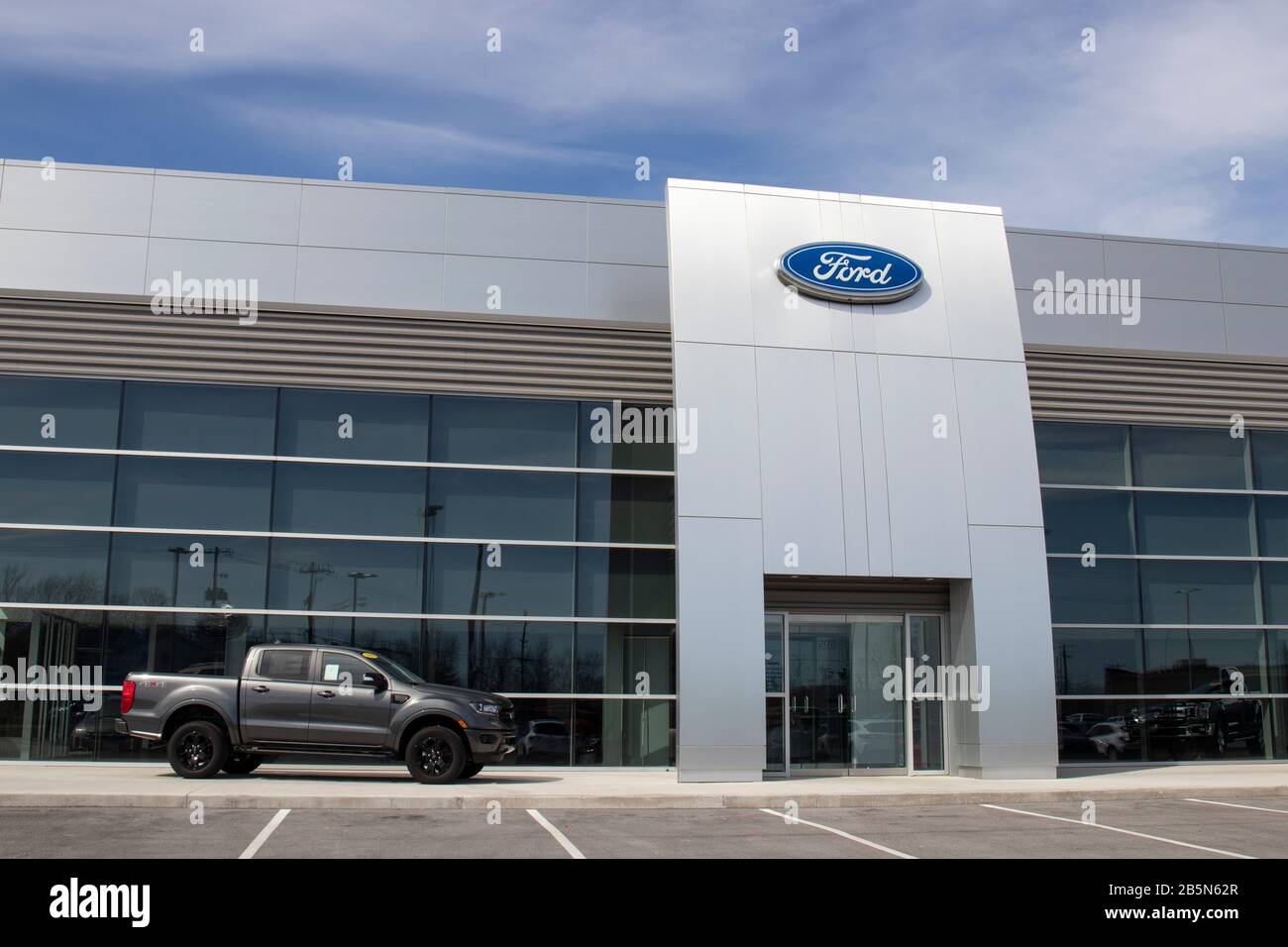 Kokomo - Circa March 2020: Ford Car and Truck Dealership. Ford sells products under the Lincoln and Motorcraft brands. Stock Photo
