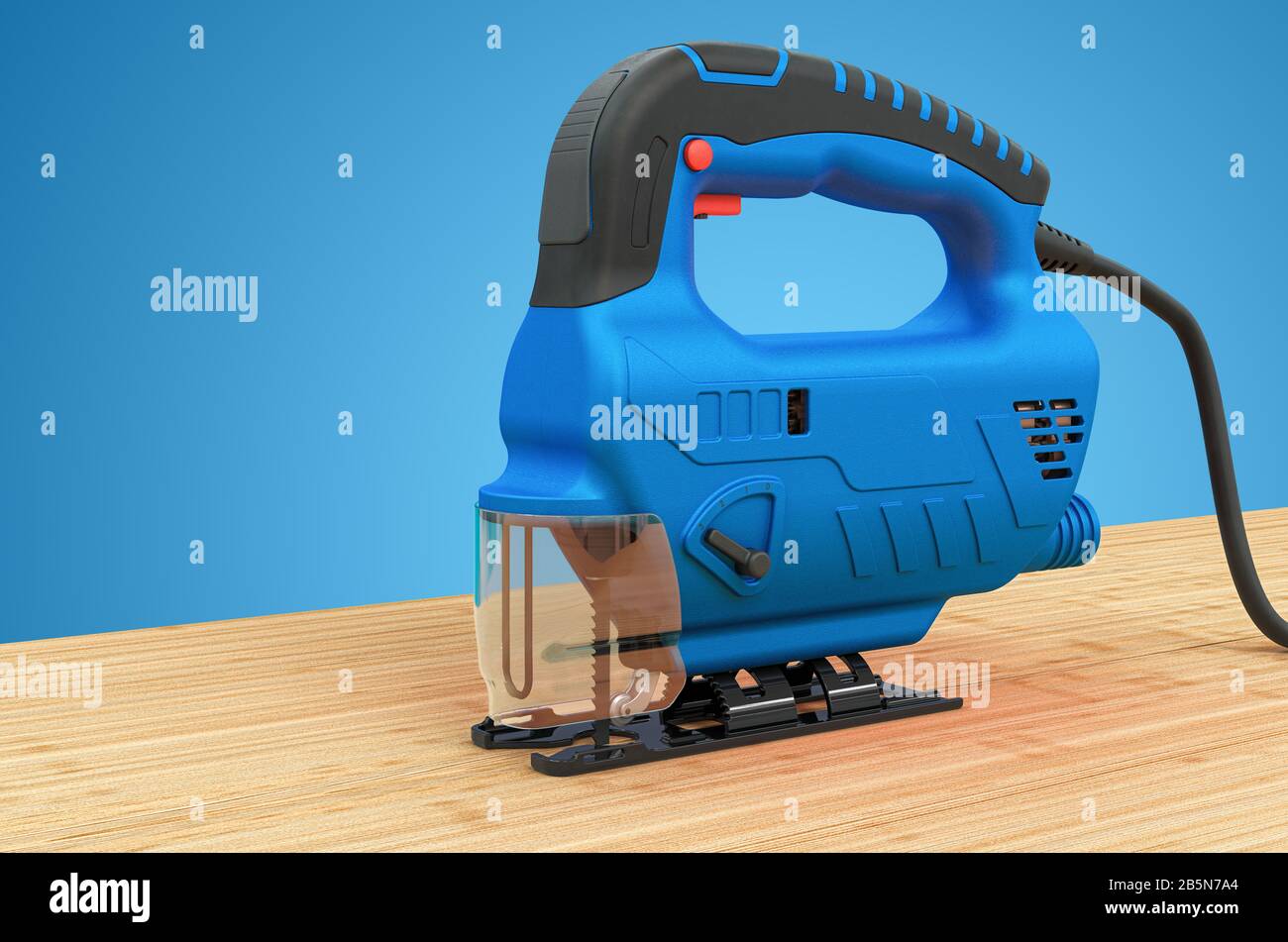 Power jigsaw sawing a wood board, 3D rendering Stock Photo