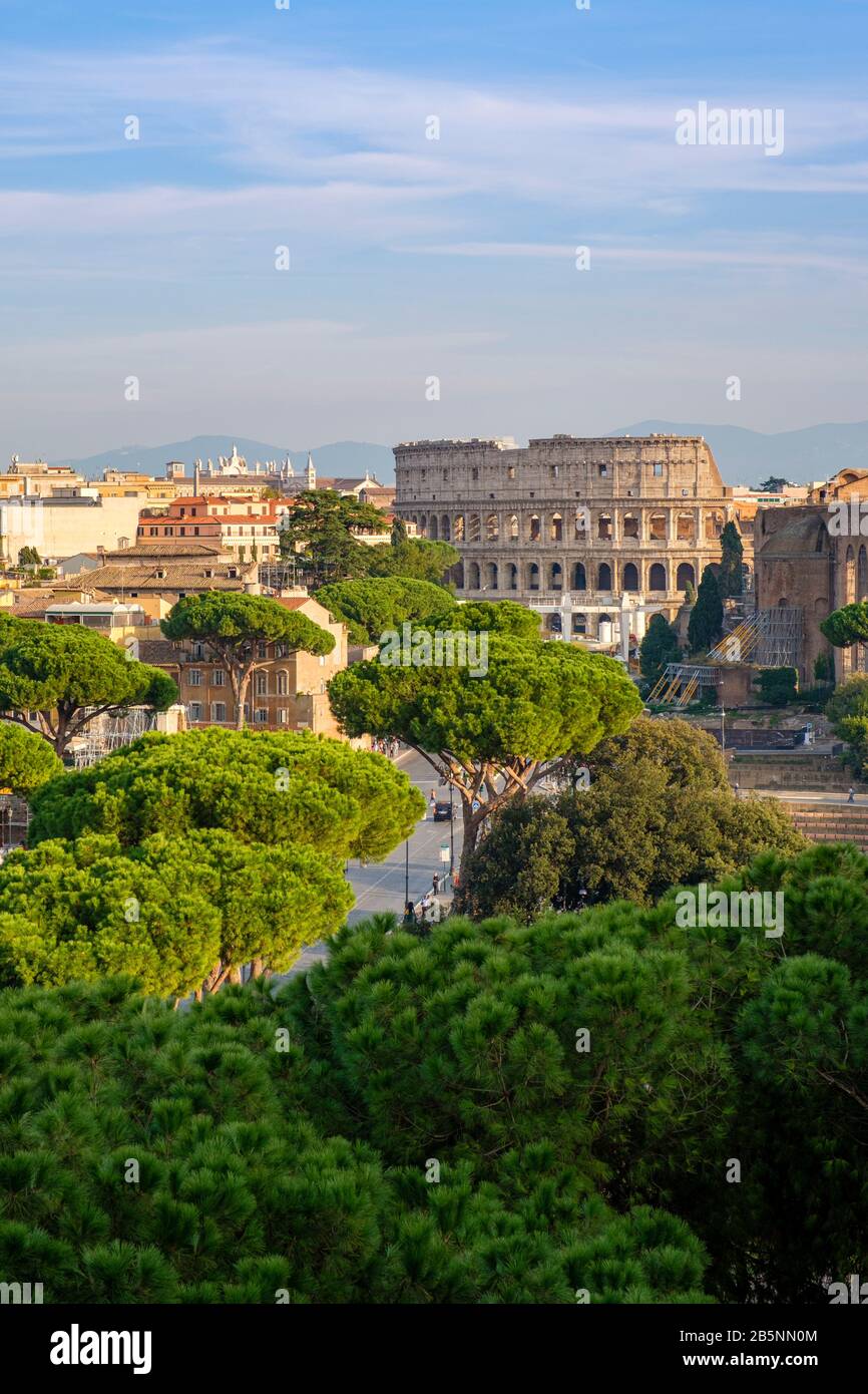 Ancient Rome buildings, exterior view of the Colosseum, Coliseum, Flavian Amphitheatre, Roman Forum, Rome, Italy Stock Photo