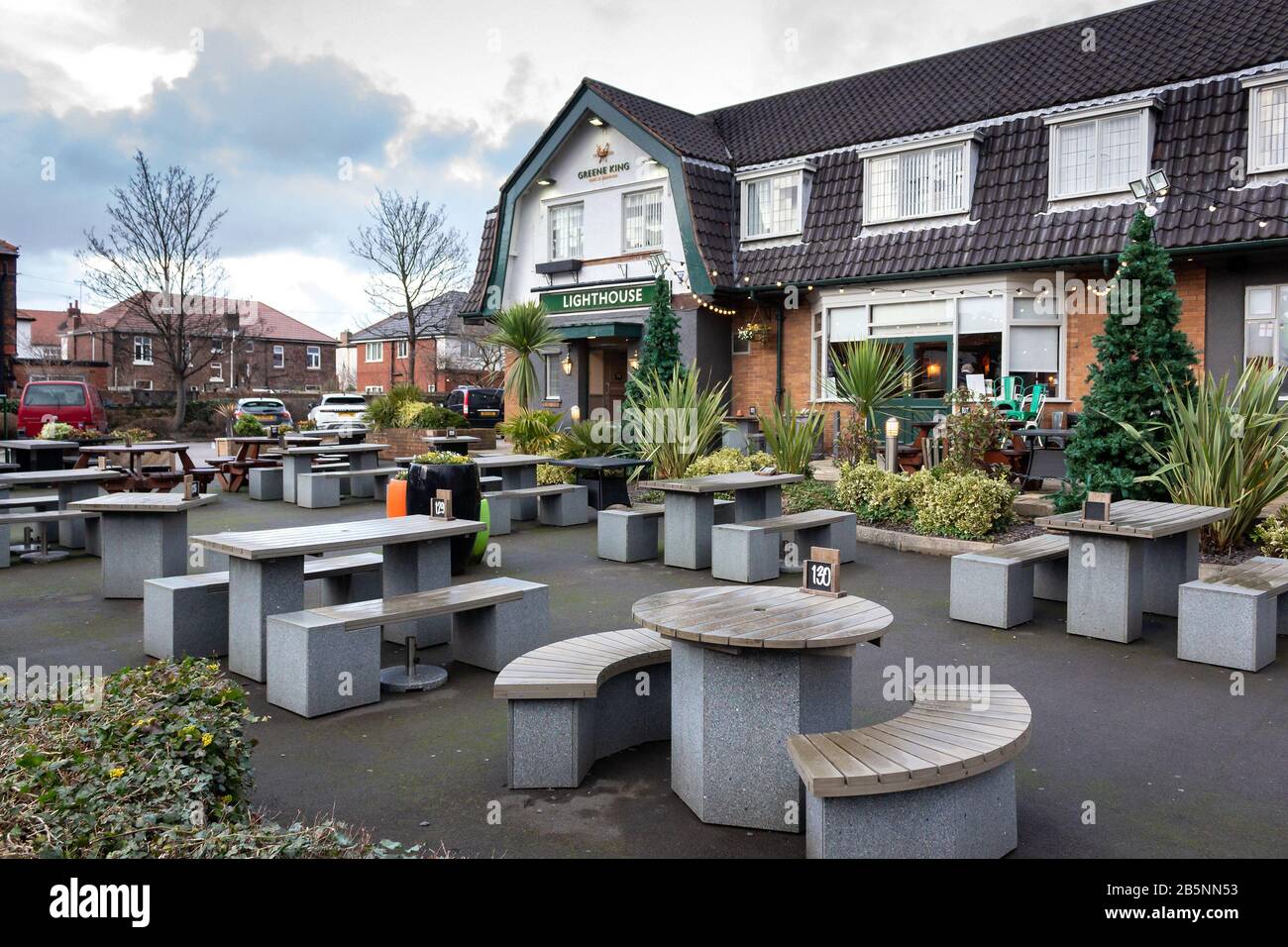 Beer garden outdoor seating, Lighthouse pub, a Greene King run pub and restaurant, Wallasey Stock Photo