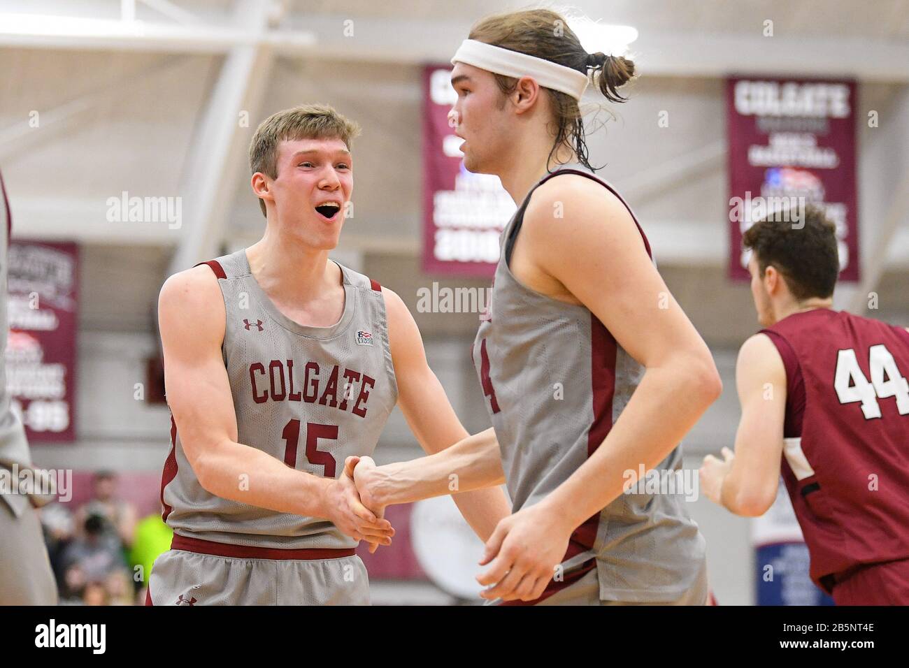 Hamilton, New York, USA. 8th Mar, 2020. Colgate Raiders guard Tucker Richardson (15) greets forward Keegan Records (14) during a time-out against the Lafayette Leopards during the first half of an NCAA college basketball game in the semifinal round of the Patriot league menÕs tournament, Wednesday, March, 8, 2020, at Cotterell Court in Hamilton, New York. Colgate won 89-64. Rich Barnes/CSM/Alamy Live News Stock Photo