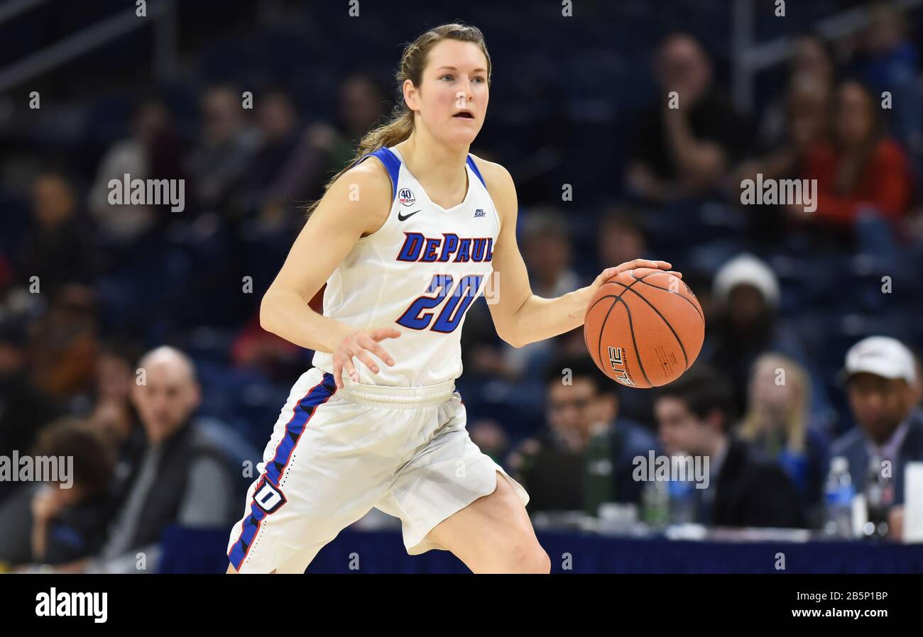 Chicago, Illinois, USA. 08th Mar, 2020. [DePaul Blue Demons guard Kelly Campbell (20) looks to make a play during the Big East Conference tournament NCAA game between (1) DePaul vs (4) Seton Hall at Wintrust Area in Chicago, Illinois. Dean Reid/CSM/Alamy Live News Stock Photo