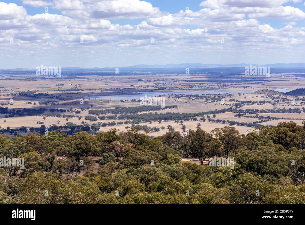 Panoramic view of the countryside from the Mount Tarrengower lookout tower, Maldon, Victoria, Australia. The tower was opened in 1924 and sits on the Stock Photo