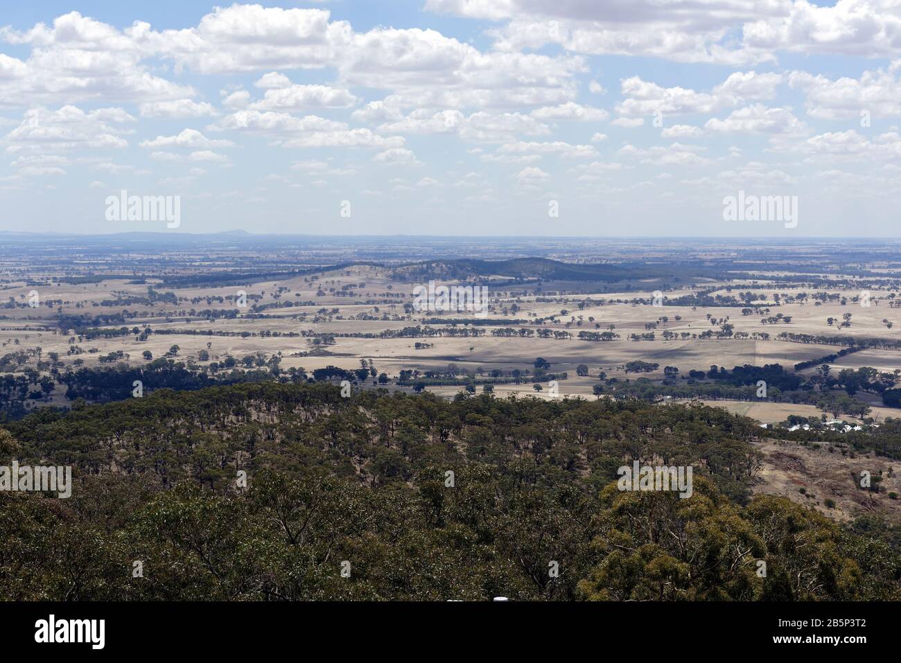 Panoramic view of the countryside from the Mount Tarrengower lookout tower, Maldon, Victoria, Australia. The tower was opened in 1924 and sits on the Stock Photo