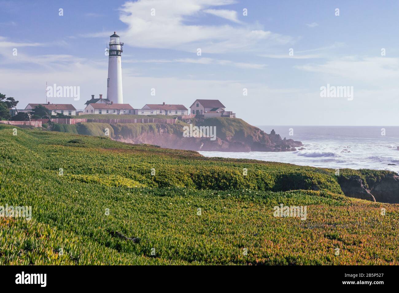Pigeon Point Lighthouse slightly covered in mist. View from the north, Cabrillo Highway, California. Stock Photo