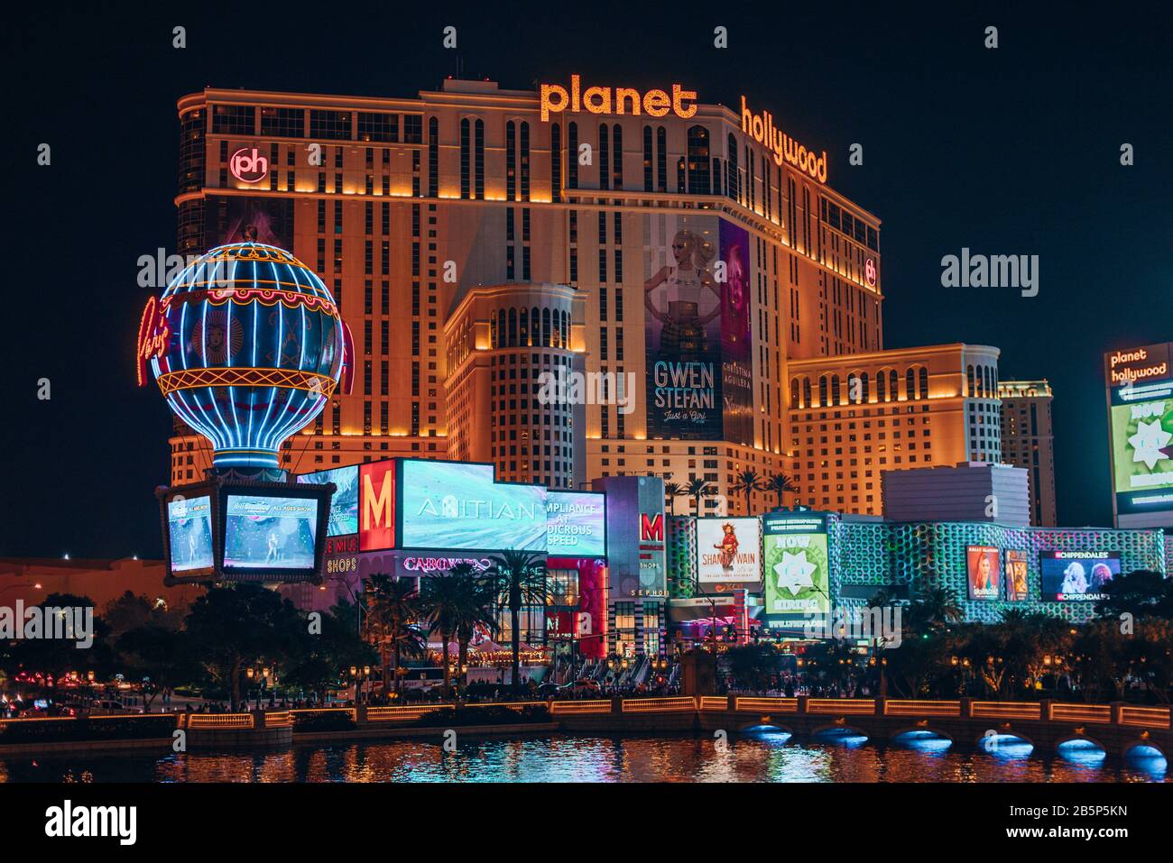 Las Vegas, USA - January 2019 Illuminated view Bellagio Hotel fountains and Las Vegas strip Stock Photo