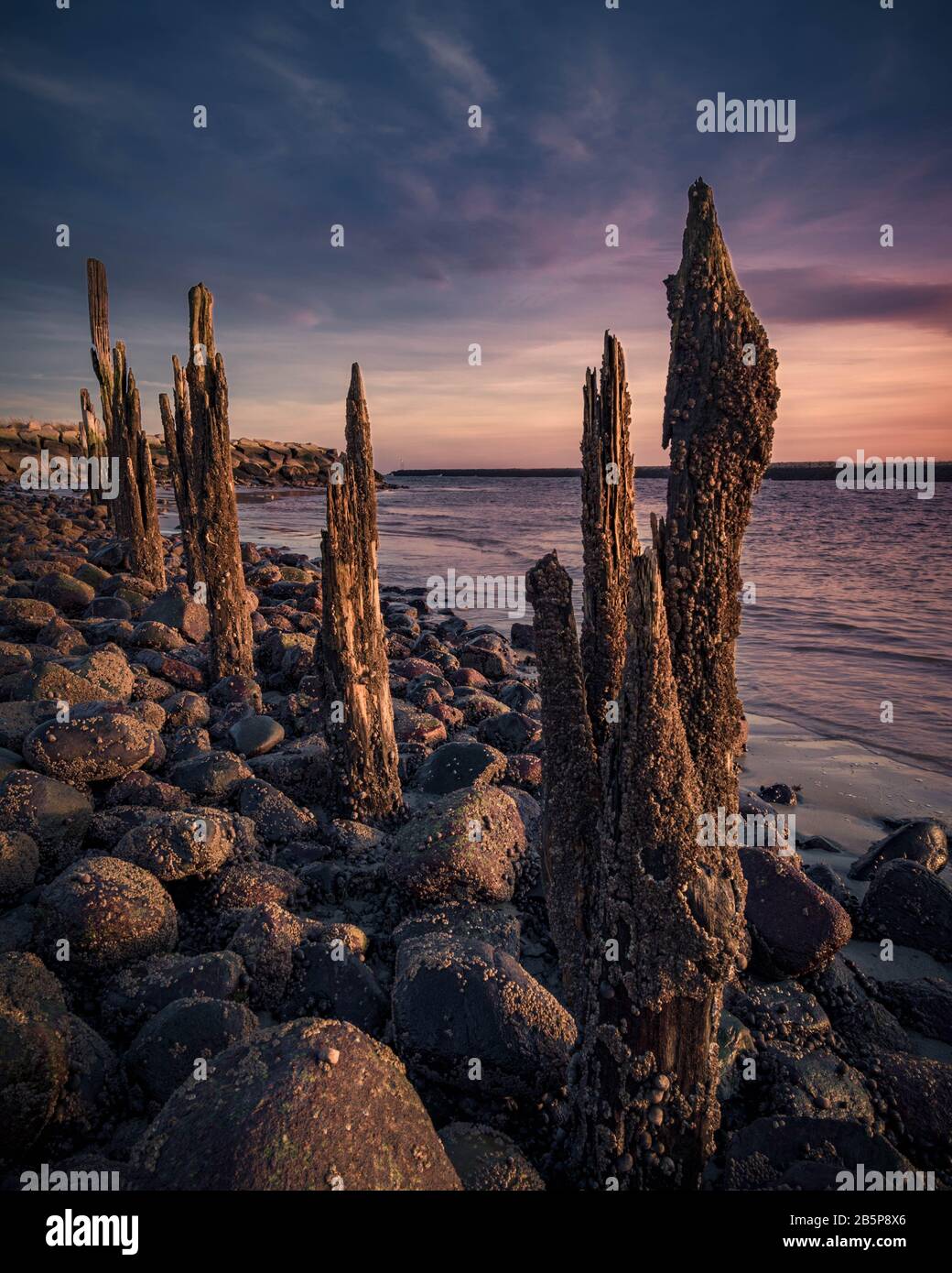 Low tide sunset from Drakes Island looking towards Wells Harbor Jetty Wells Maine Stock Photo