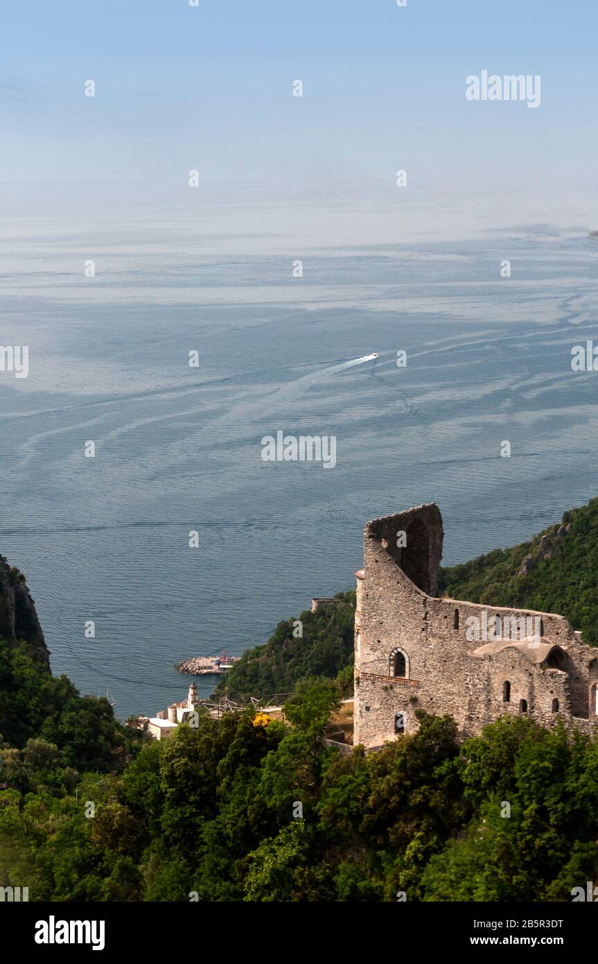 Ruins of the Church of Sant'Eustachio, in the hamlet of Minuta, from the XII century, stand in a spectacular setting overlooking the sea. Photographed Stock Photo