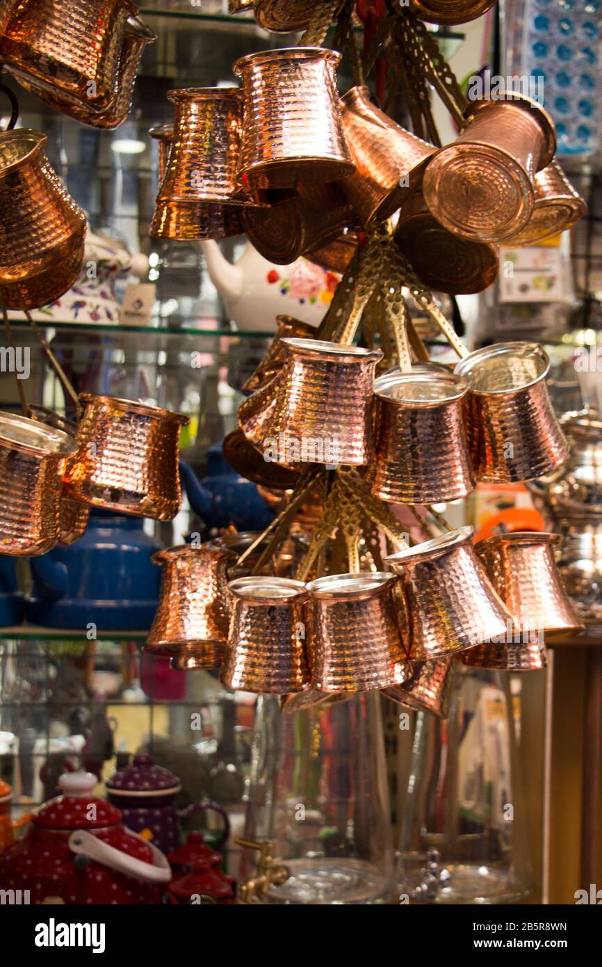 Turkish coffee pots made of metal in a traditional style Stock Photo