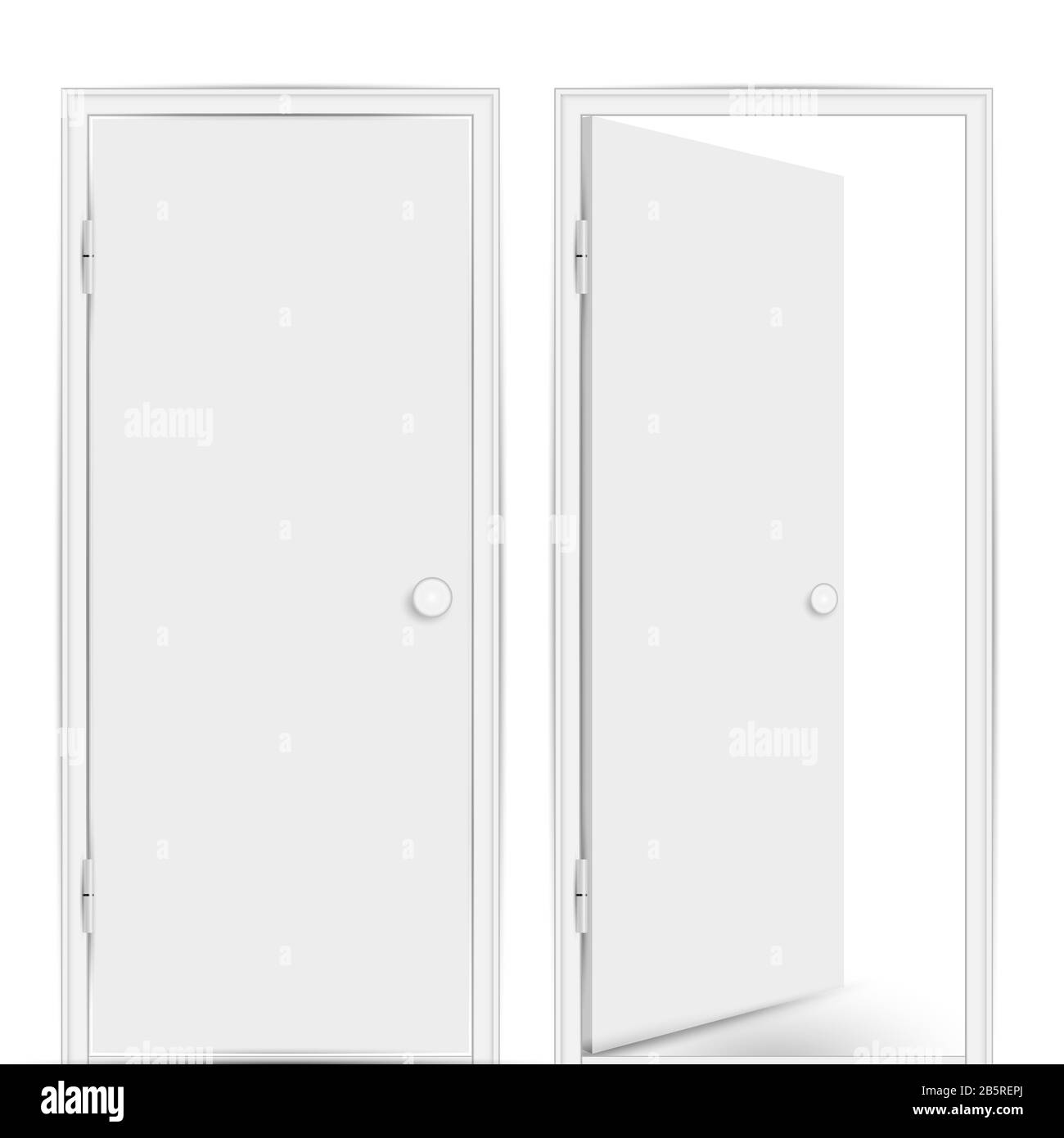 White doors. Realistic wooden doors, closed and open inside isolated on