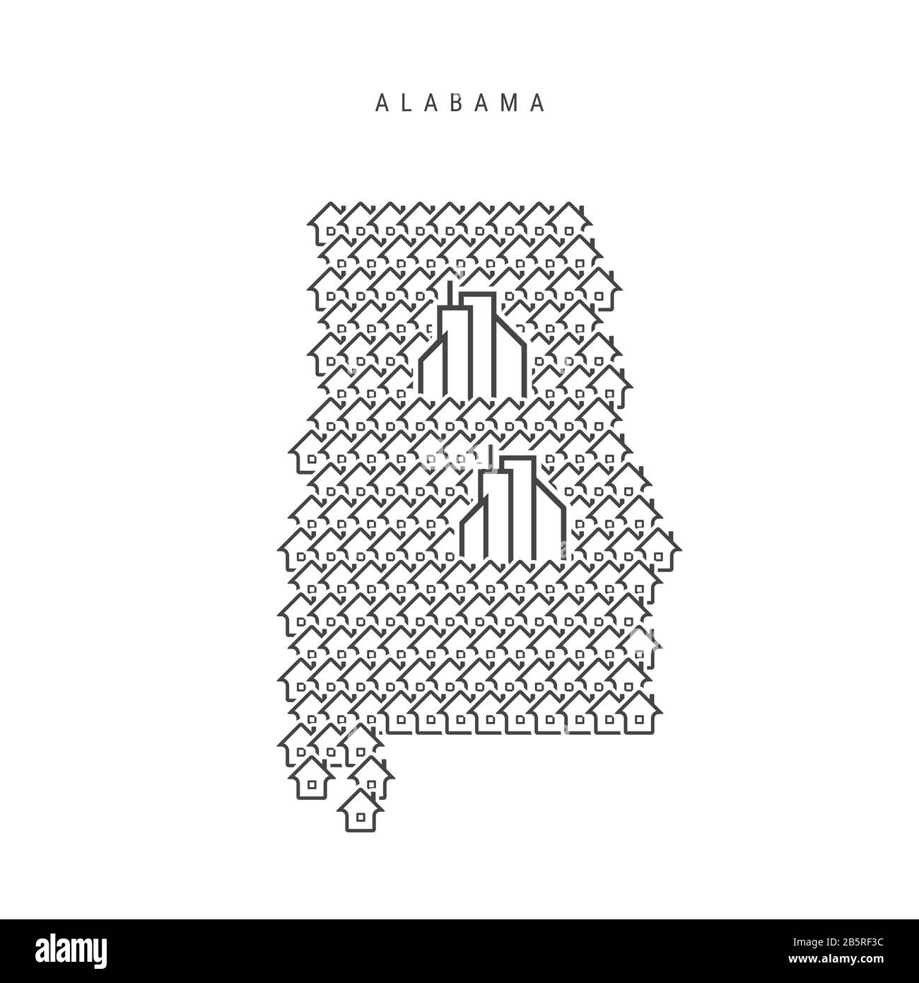 Alabama real estate property map. Icons of houses in the shape of a map of Alabama. Creative