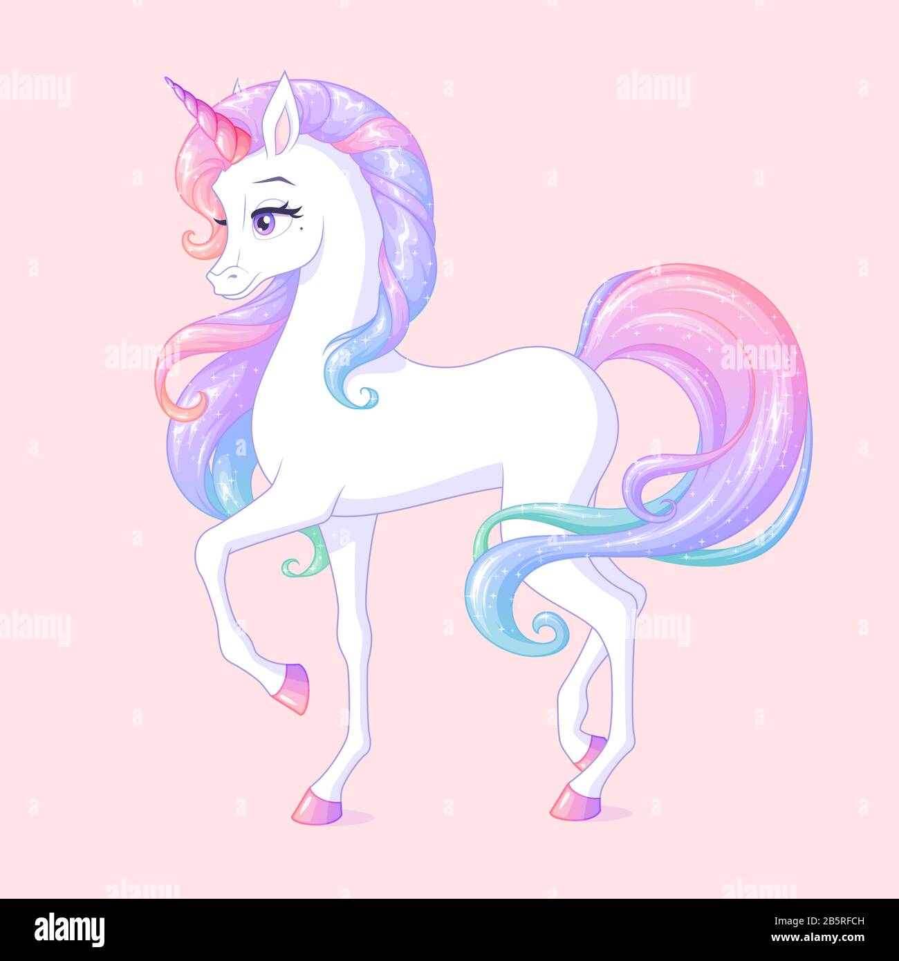 Beautiful white unicorn with pink horn. Vector illustration Stock