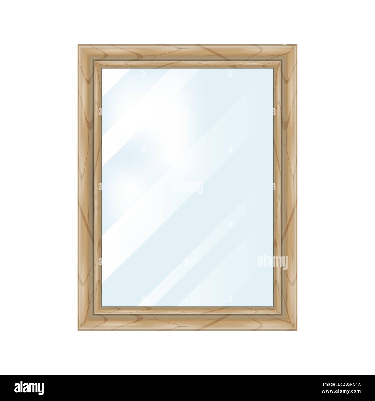 Single wooden window frame with glass isolated on white. Realistic illustration. Textured window frame, sun rays on the glass. Stock Photo