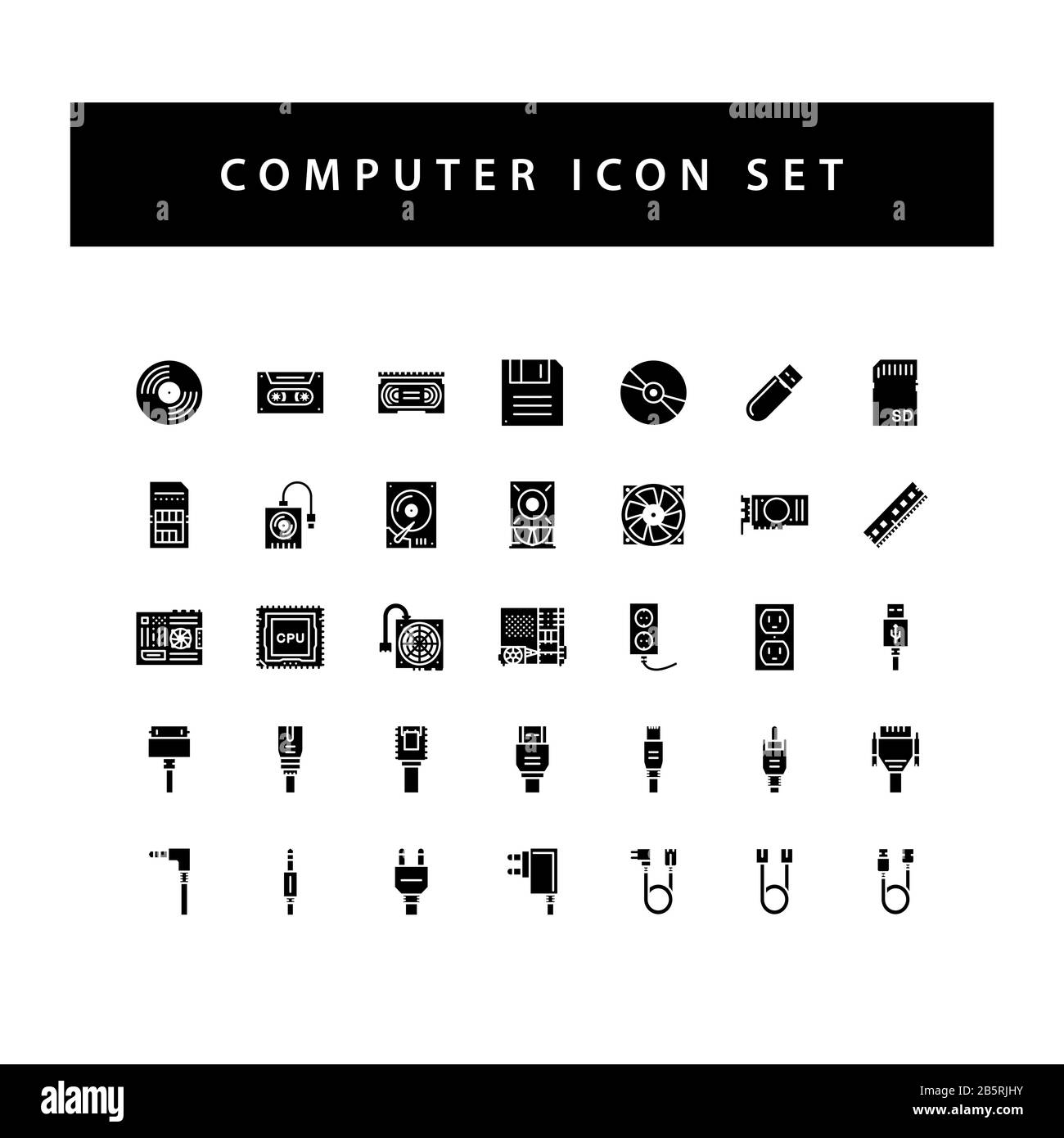 computer hardware icon set with black color glyph style design Stock