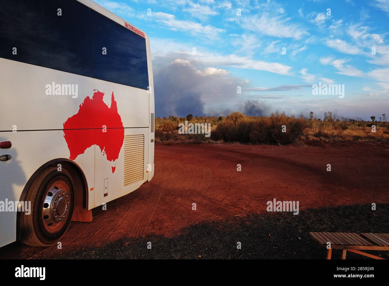 Bus with Australia painted on is side, Opera in the Outback at Uluru and Field Of Light, Under The Outback Stars Inaugural Opera Gala Stock Photo