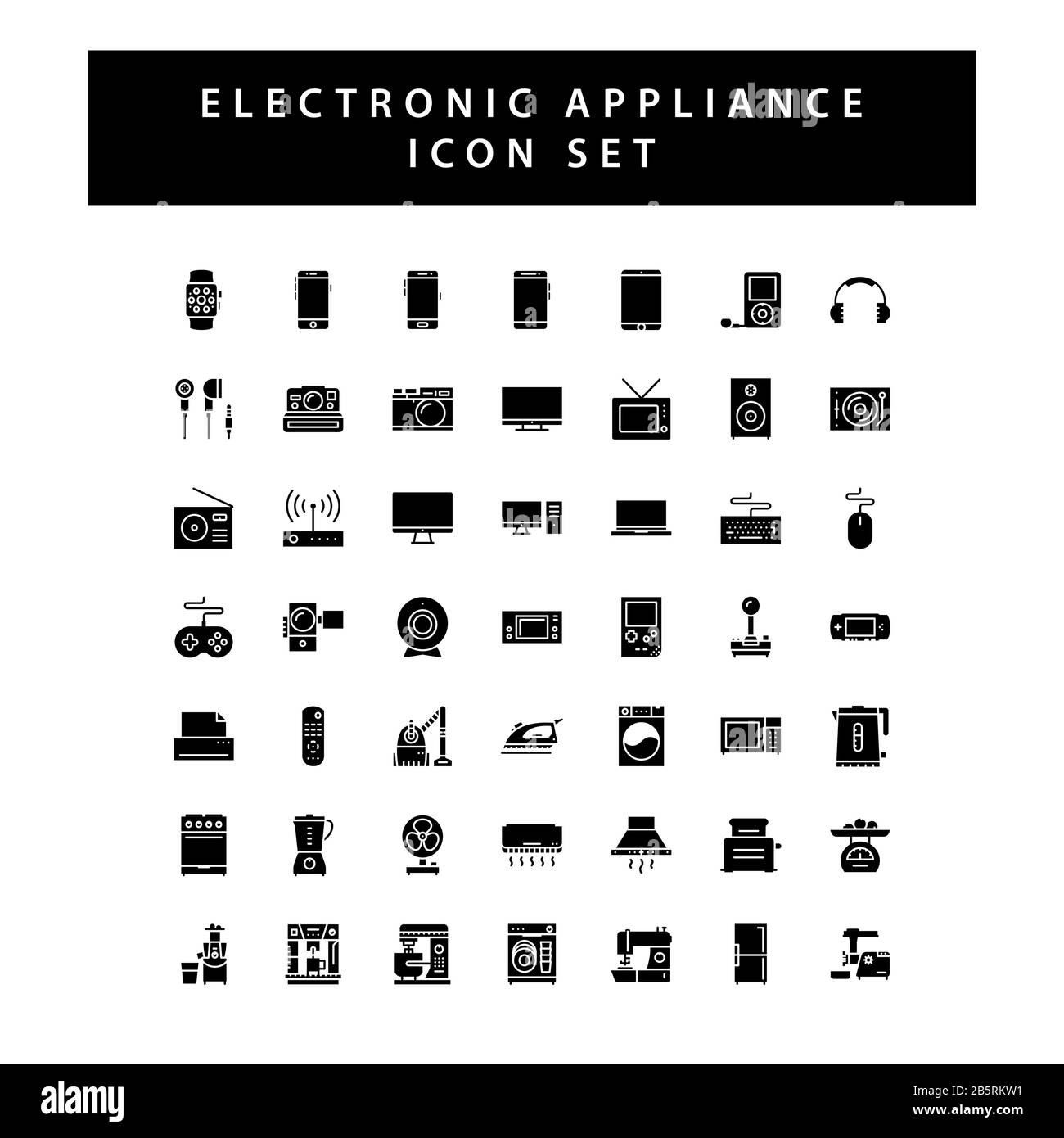 Home appliances electronic icon set with black color glyph style design. Stock Vector