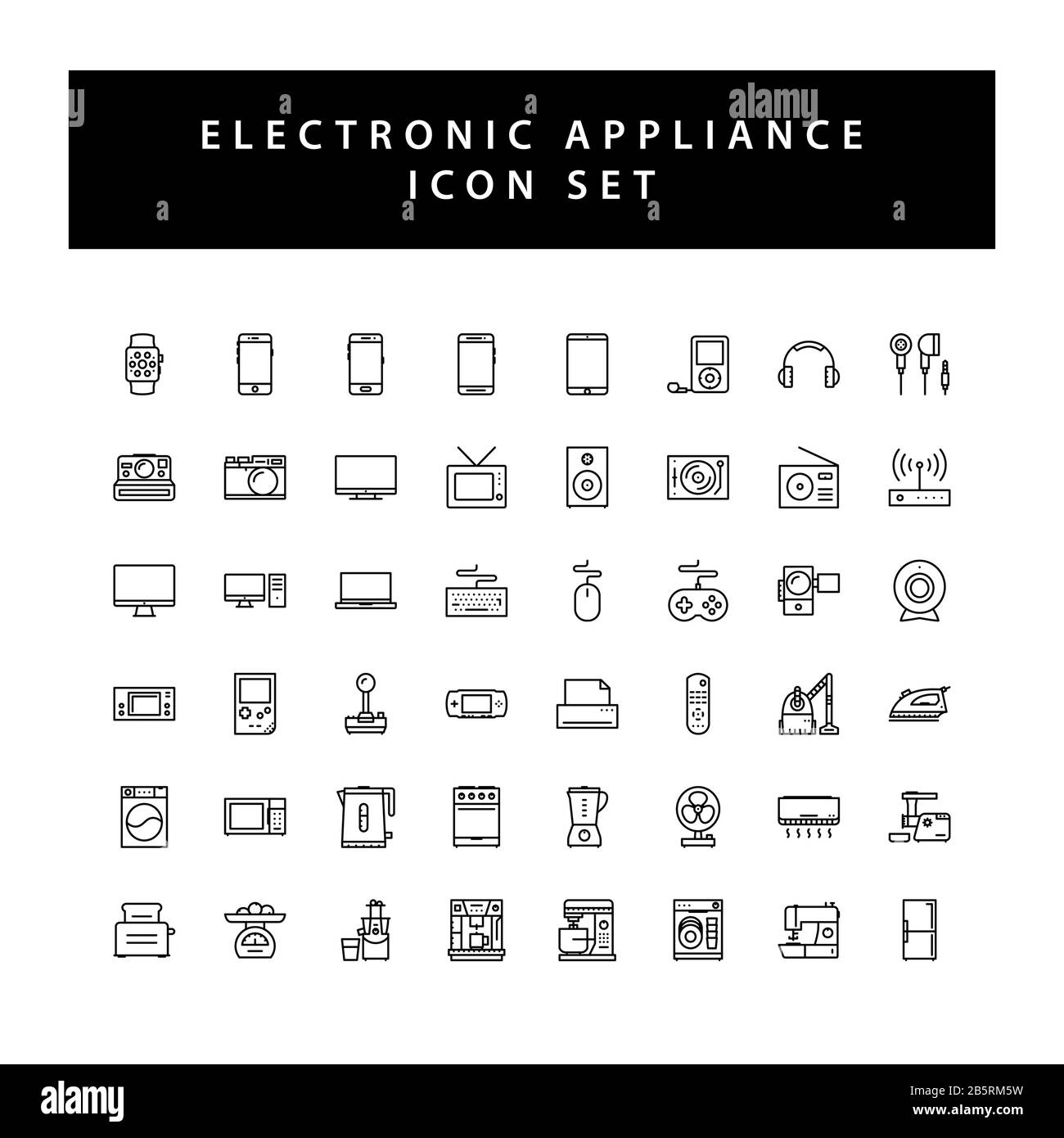 Home appliances electronic icon set with black color outline style design. Stock Vector