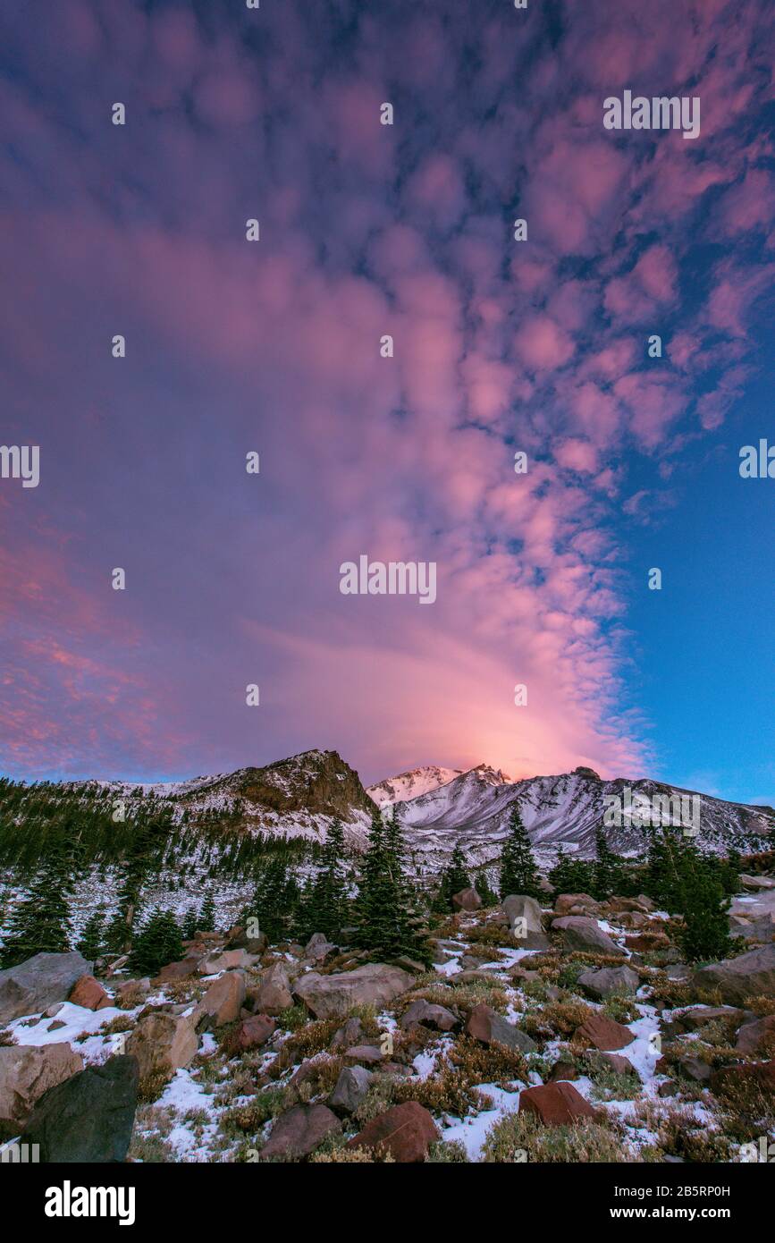Dawn, Lenticular Clouds, Mount Shasta, Shasta-Trinity National Forest, California Stock Photo