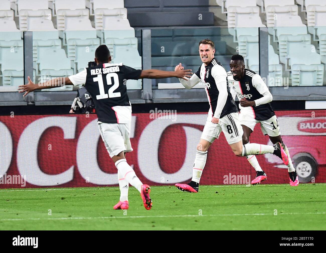 Turin, Italy. 8th Mar, 2020. Aaron Ramsey (C) of Juventus celebrates after scoring during the Italian Serie A soccer match between Juventus and Inter Milan in Turin, Italy, March 8, 2020. Credit: Str/Xinhua/Alamy Live News Stock Photo