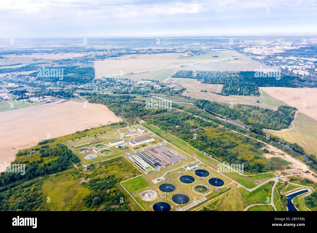 aerial panoramic view of modern urban sewage water treatment plant Stock Photo