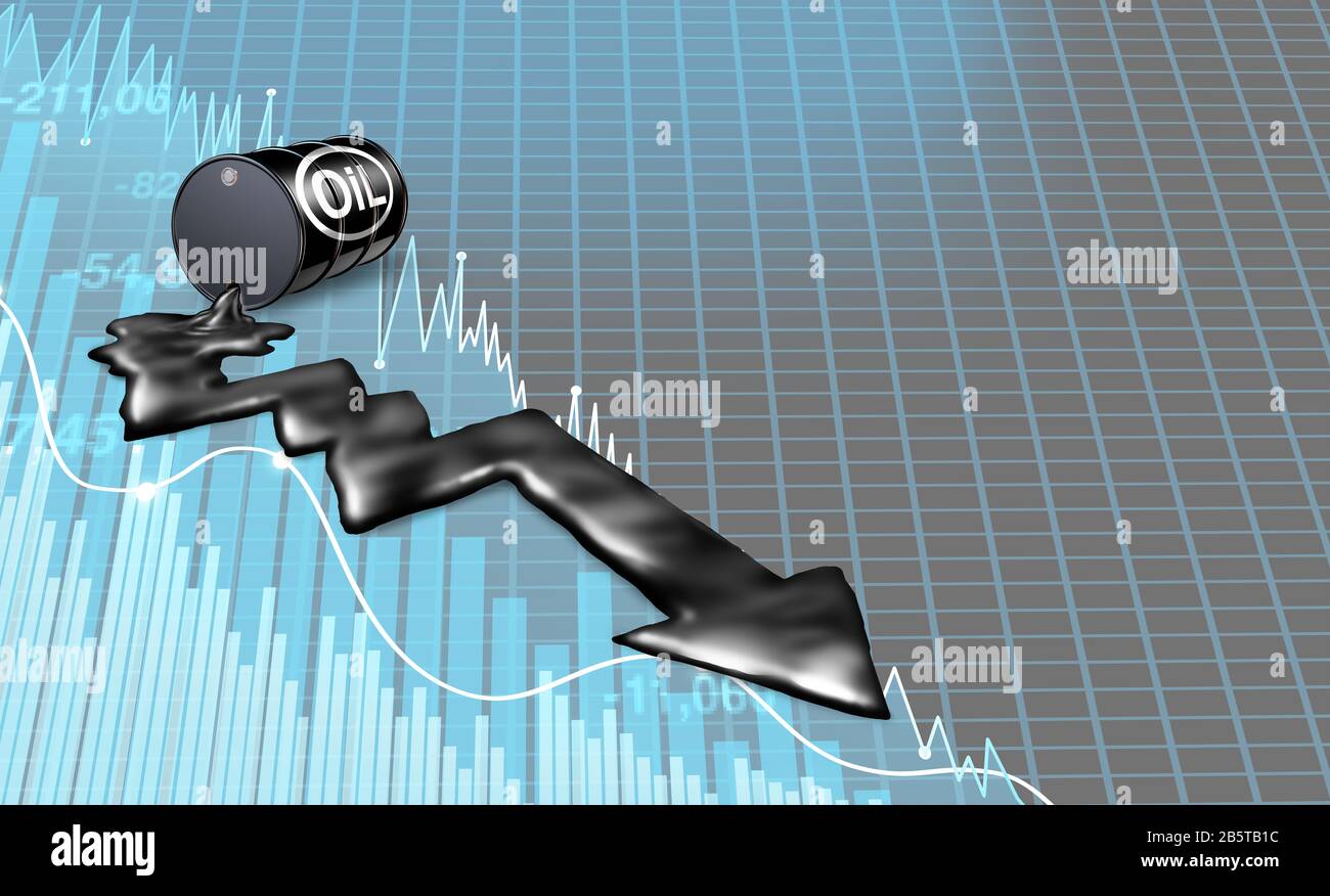 Falling oil price dive and decrease of petroleum costs concept as a barrel with supply and demand shaped as a downward arrow as a metaphor. Stock Photo