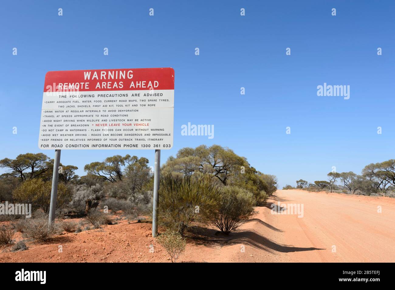 Warning Remote Areas Ahead sign, Australian Outback, South Australia, SA, Australia Stock Photo