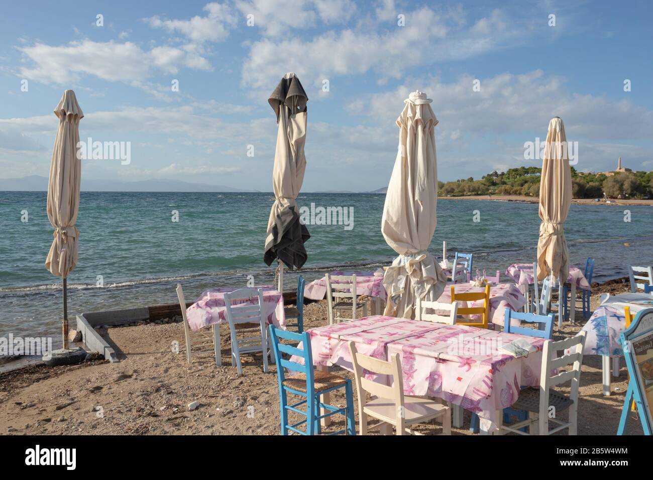 Closed cafe on aegina island in greece in autumn Stock Photo