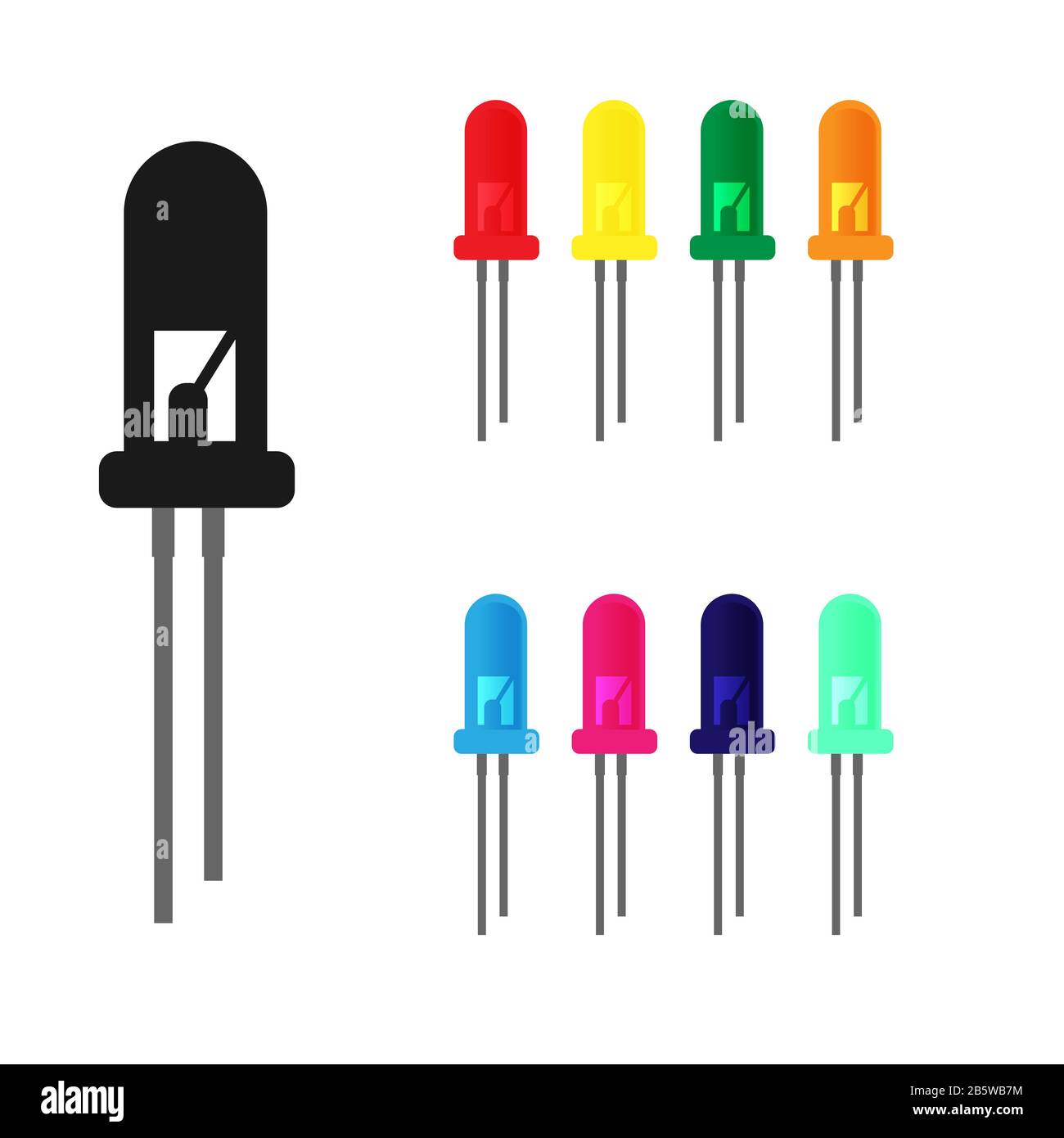Set of simple colored LED icons. Radio electronic element. Flat design