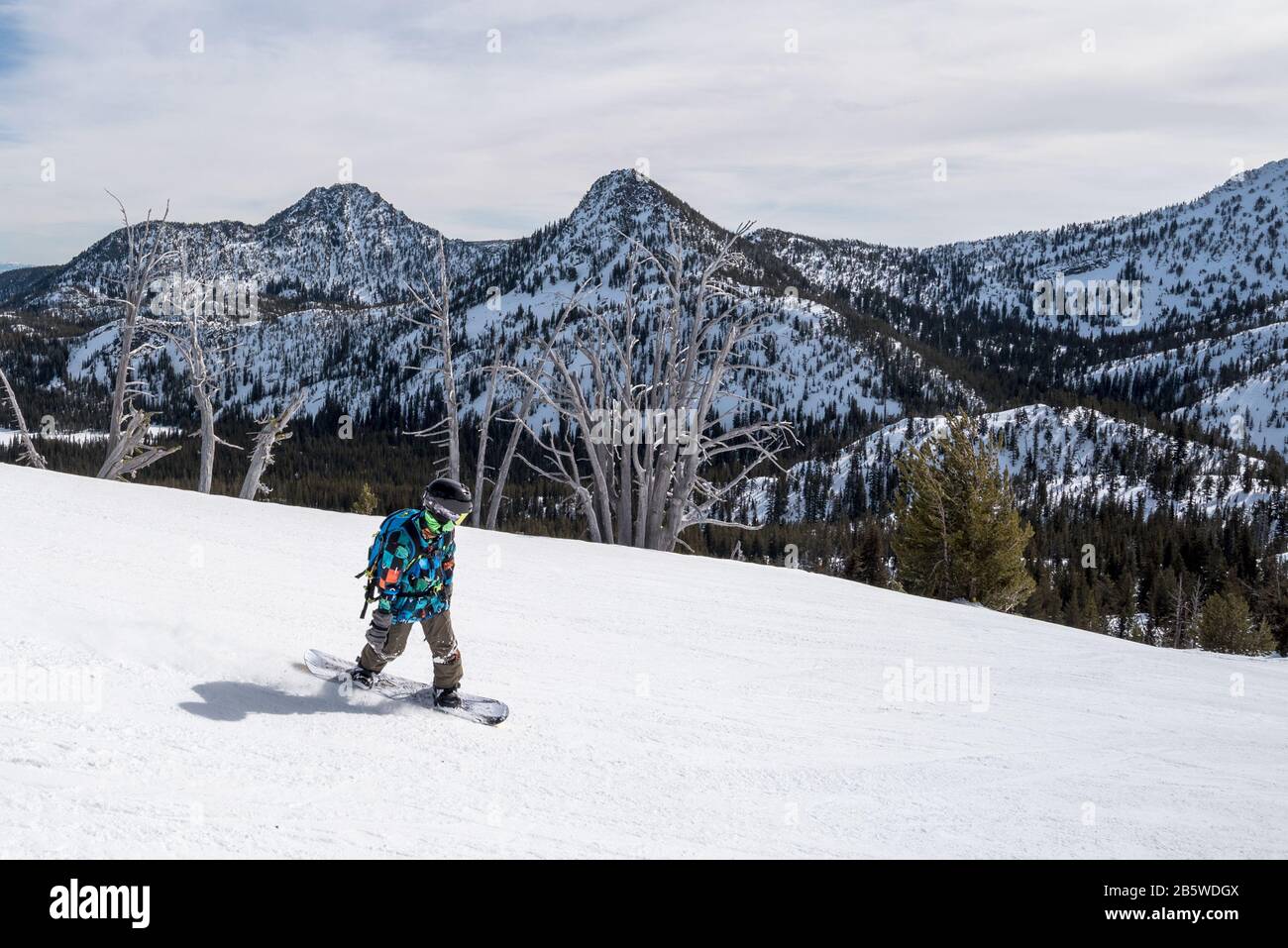 Snowboarding at Anthony Lakes Mountain Resort in Eastern Oregon. Stock Photo