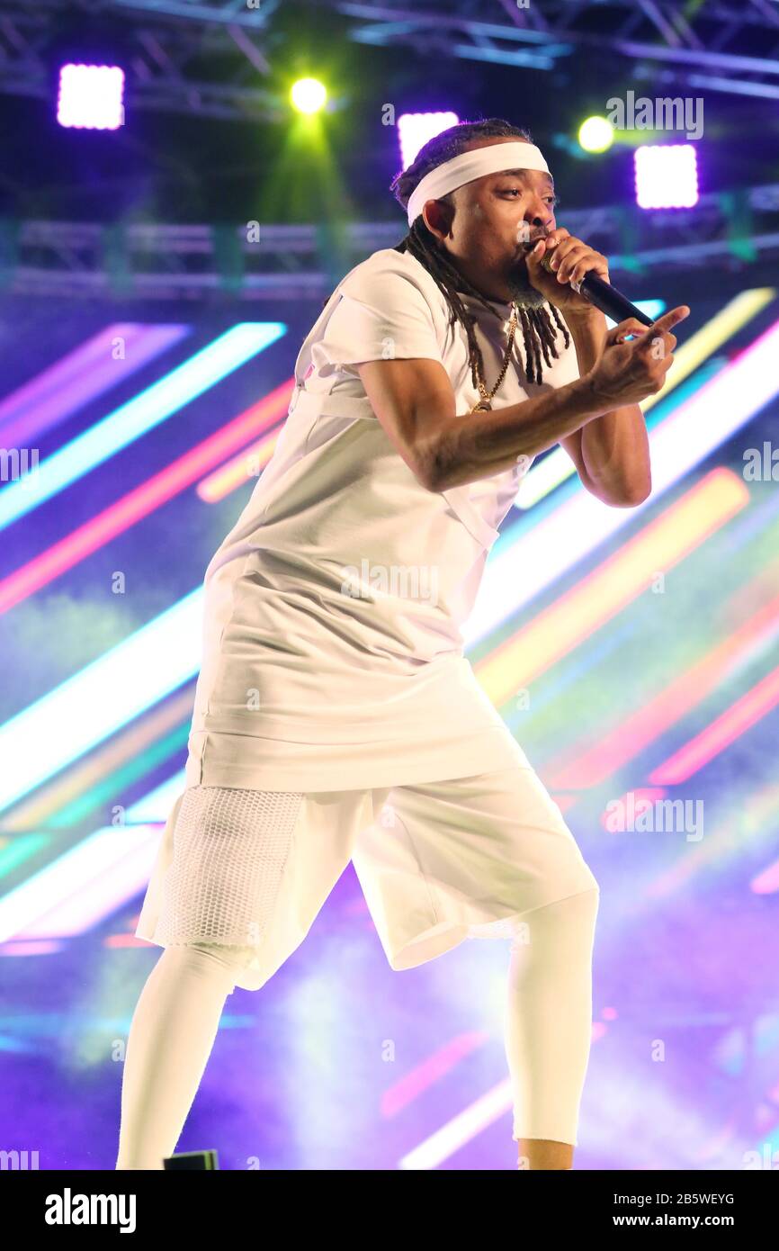 PORT OF SPAIN, TRINIDAD - FEB 17: Soca music recording artist Machel Montano performs at the final Machel Monday concert ‘The Wedding’ during Carnival Stock Photo