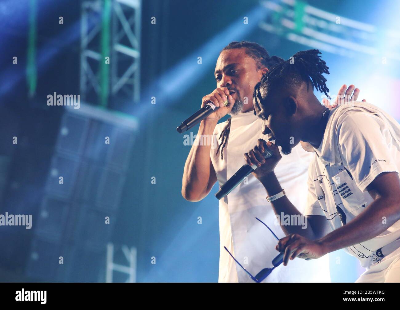 PORT OF SPAIN, TRINIDAD - FEB 17: Machel Montano (L) and Mr. Eazi perform at the final Machel Monday concert ‘The Wedding’ during Carnival in the Hase Stock Photo