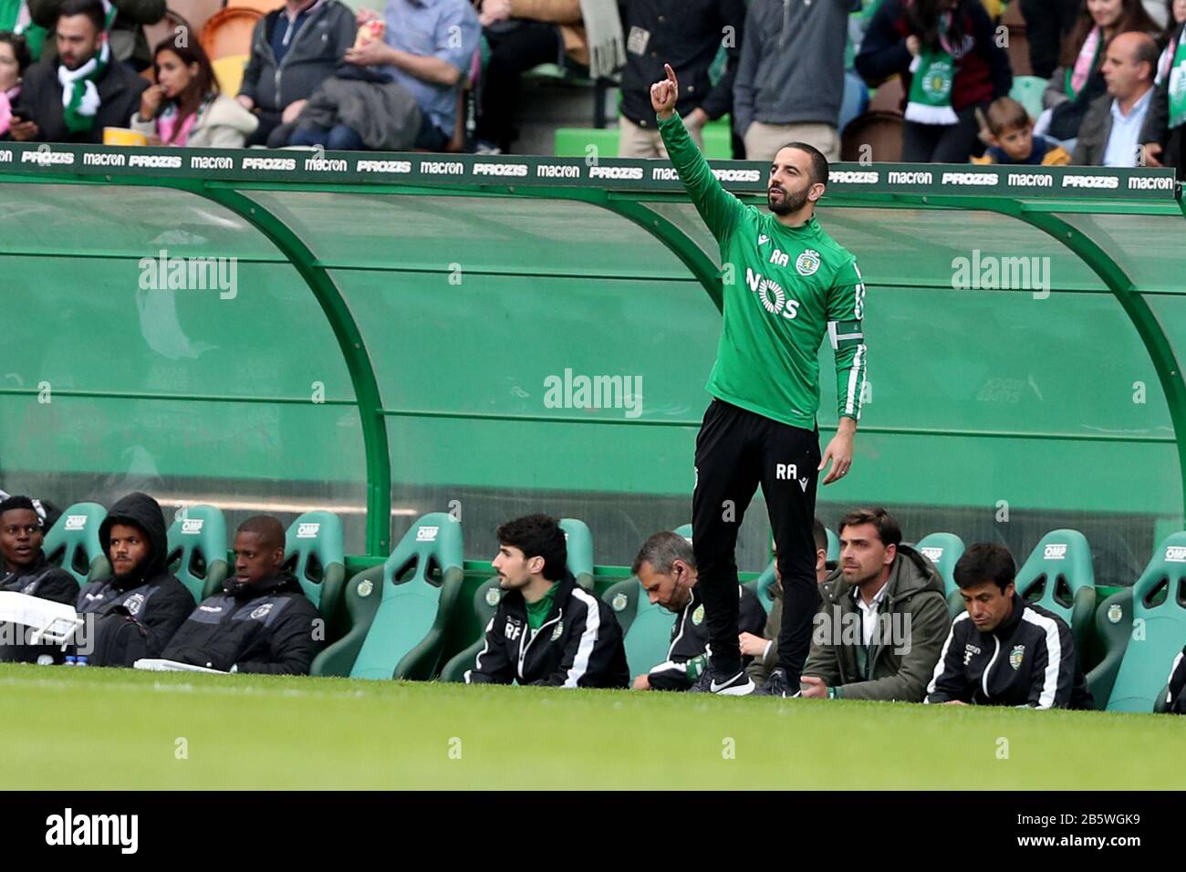 Lisbon. 8th Mar, 2020. Sporting CP's head coach Ruben Amorim gestures during the Portuguese First League soccer match between Sporting CP and Desportivo das Aves in Lisbon, Portugal on March 8, 2020. Credit: Pedro Fiuza/Xinhua/Alamy Live News Stock Photo
