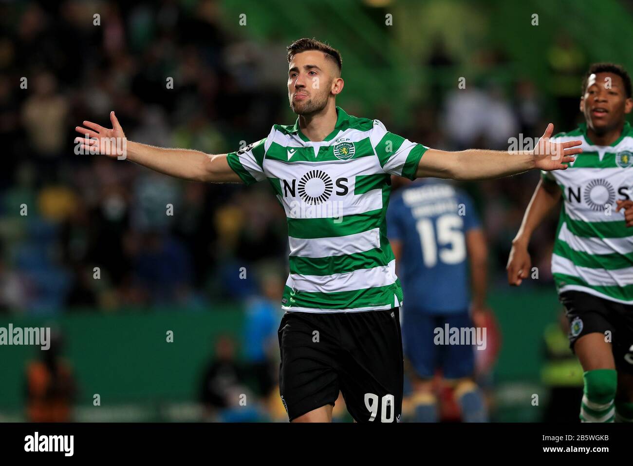 Lisbon. 8th Mar, 2020. Andraz Sporar of Sporting CP celebrates after scoring during the Portuguese First League soccer match between Sporting CP and Desportivo das Aves in Lisbon, Portugal on March 8, 2020. Credit: Pedro Fiuza/Xinhua/Alamy Live News Stock Photo