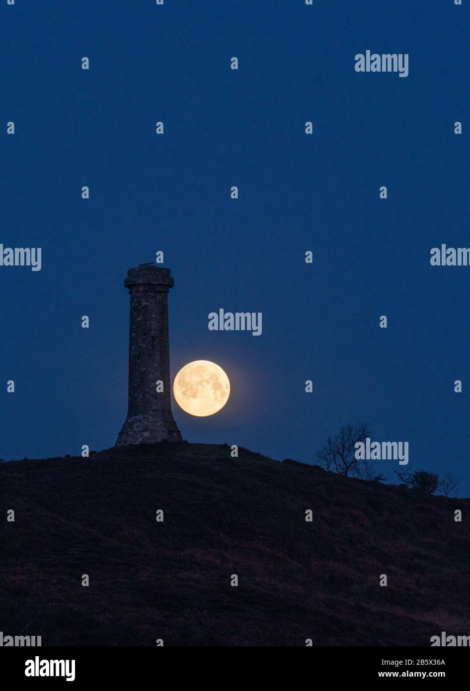 Hardy Monument, Dorset, UK. 9th March 2020. UK Weather. Supermoon sets behind famous Dorset monument. Credit: DTNews/Alamy Live News Stock Photo