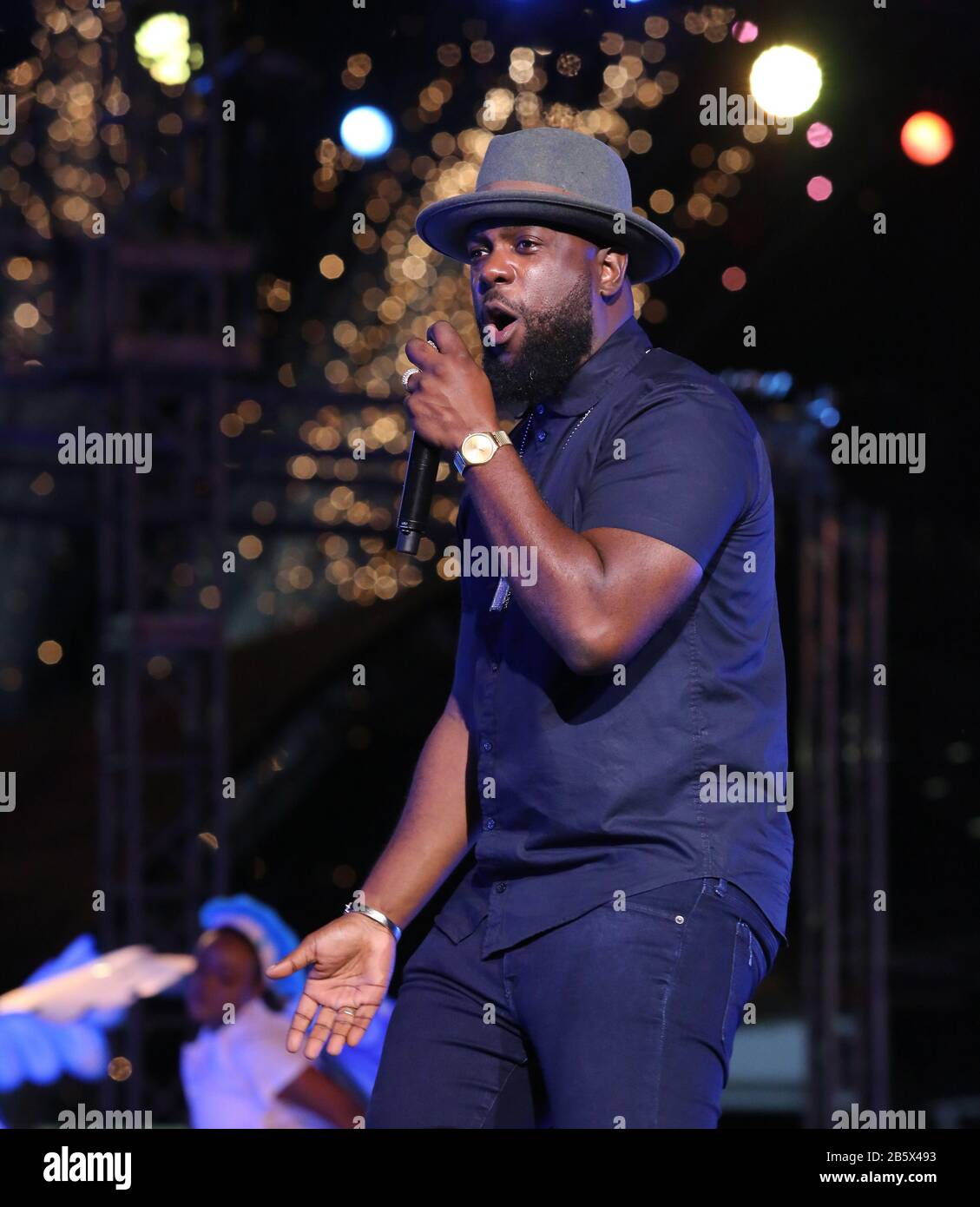 PORT OF SPAIN, TRINIDAD - FEB 23: Soca recording artist Bunji Garlin performs at Dimanche Gra in the Queen’s Park Savannah as part of Trinidad Carniva Stock Photo