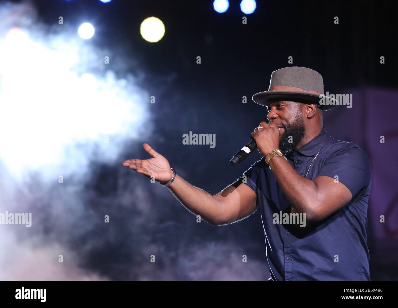 PORT OF SPAIN, TRINIDAD - FEB 23: Soca recording artist Bunji Garlin performs at Dimanche Gra in the Queen’s Park Savannah as part of Trinidad Carniva Stock Photo