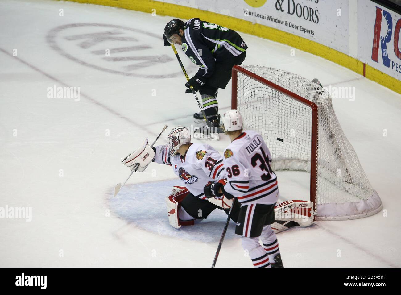 Rockford IceHogs goalie Matt Tomkins (31) reacts after surrendering a goal to the Chicago Wolves in overtime during an AHL Illinois Lottery Cup game, Sunday, March 8, 2020, in Rosemont, Ilinois, USA
