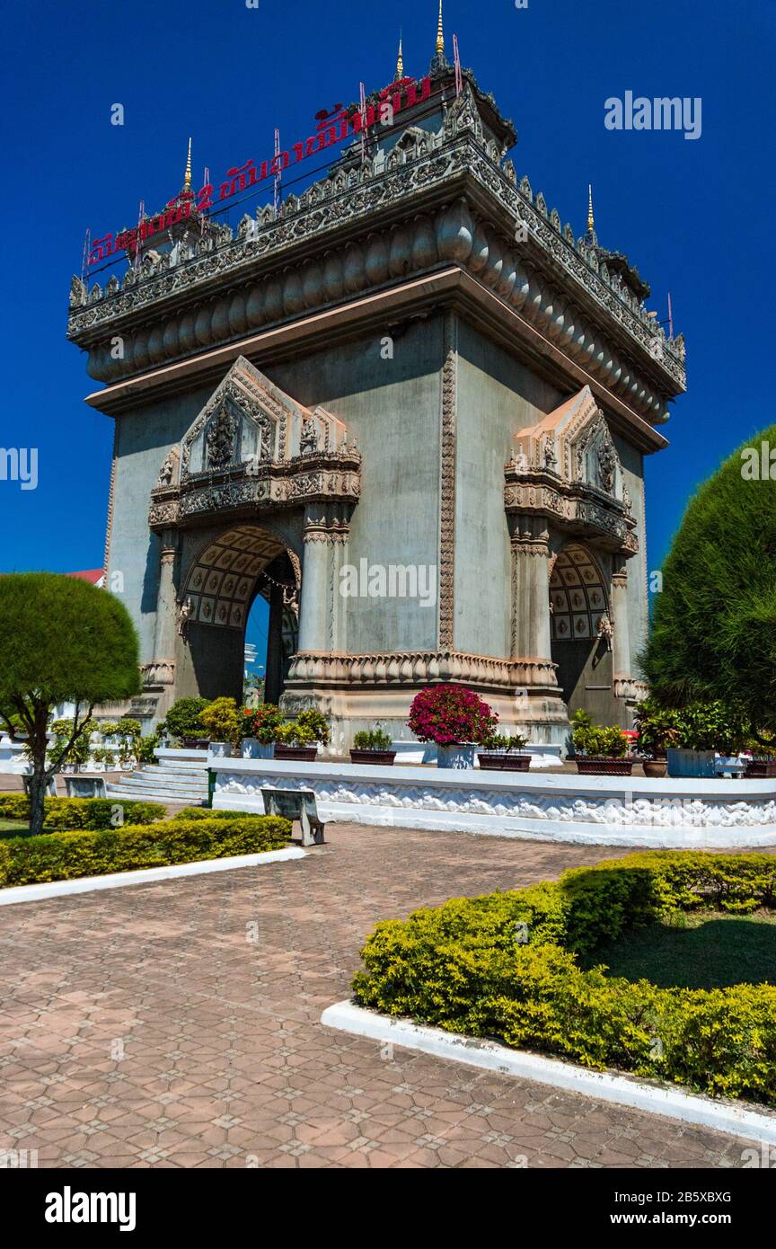 The Patuxai monument in central Vientiane. It's loosely modelled on the Arc de Triomple and its Lao name translates as something similar. It was built Stock Photo