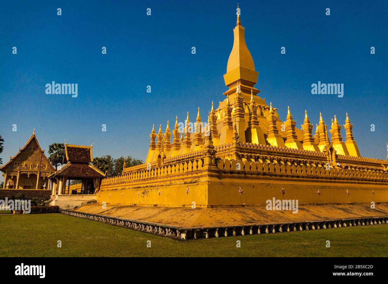 National monument and Buddhist religious structure Pha That Luang was ereceted from 1566 on the site of a Khmer Temple. Stock Photo