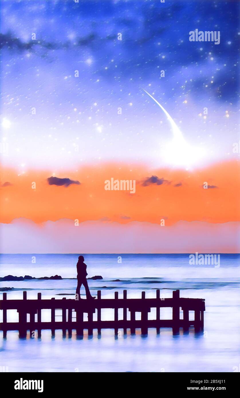Fantasy landscape eBook cover template - silhouette of a woman walking on pier admiring stars in the sky digital illustration. Elements of this image Stock Photo