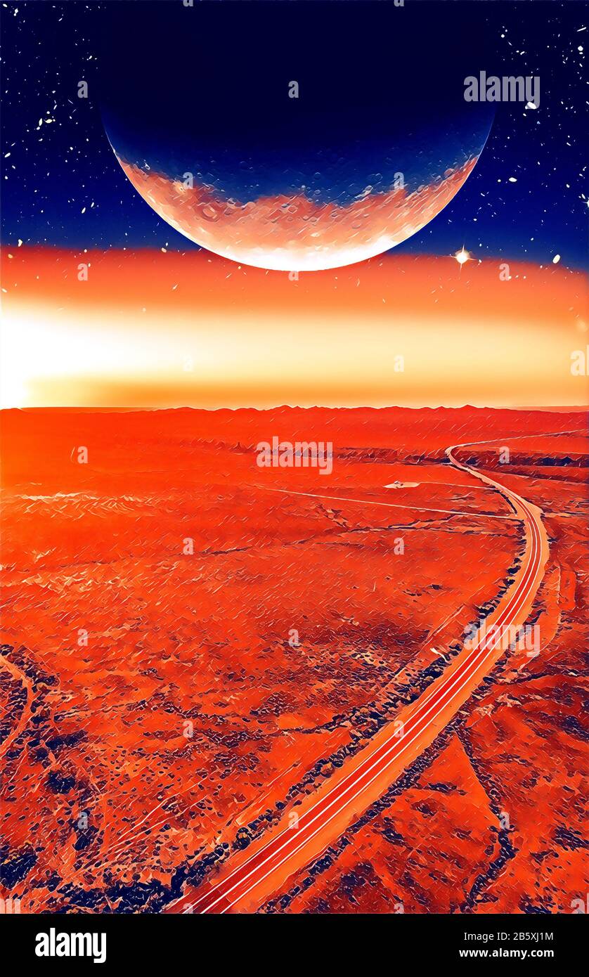 Book cover template. Unreal landscape - dark planet over road winding through desert landscape at sunset digital illustration. Elements of this image Stock Photo
