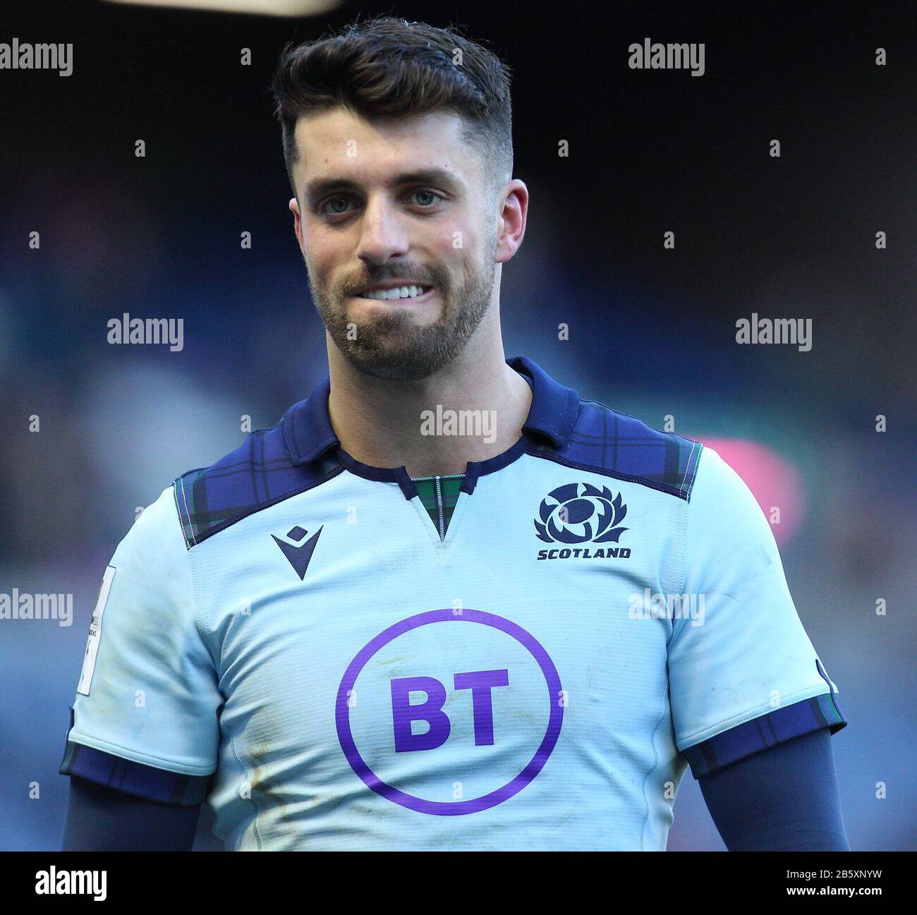 EDINBURGH, SCOTLAND - MARCH 08: Adam Hastings  during the 2020 Guinness Six Nations match between Scotland and France at Murrayfield on March 8, 2020 in Edinburgh, Scotland. (Photo by MB Media) Stock Photo