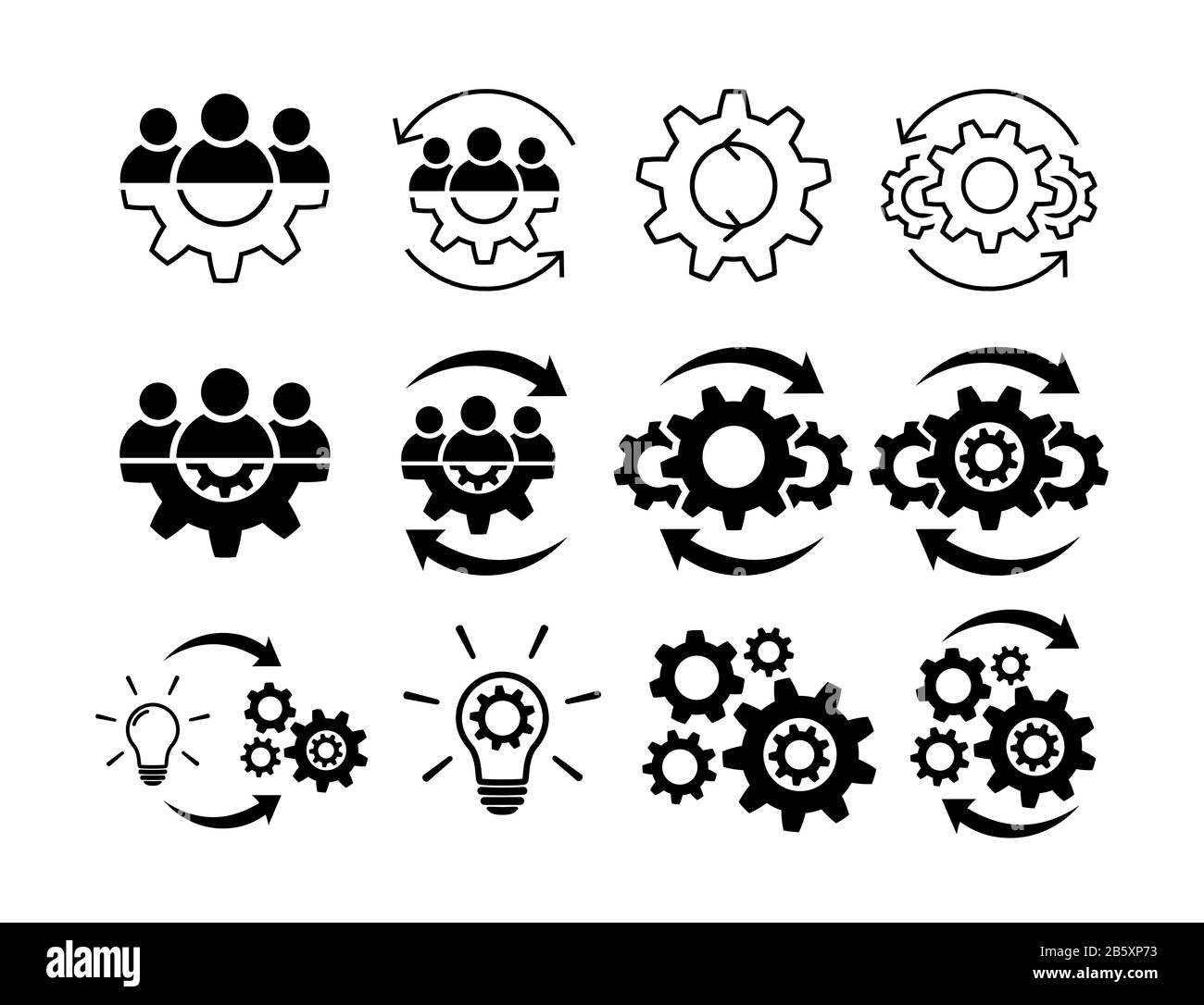 Teamwork and process line icon set. Line and fill Stock Vector