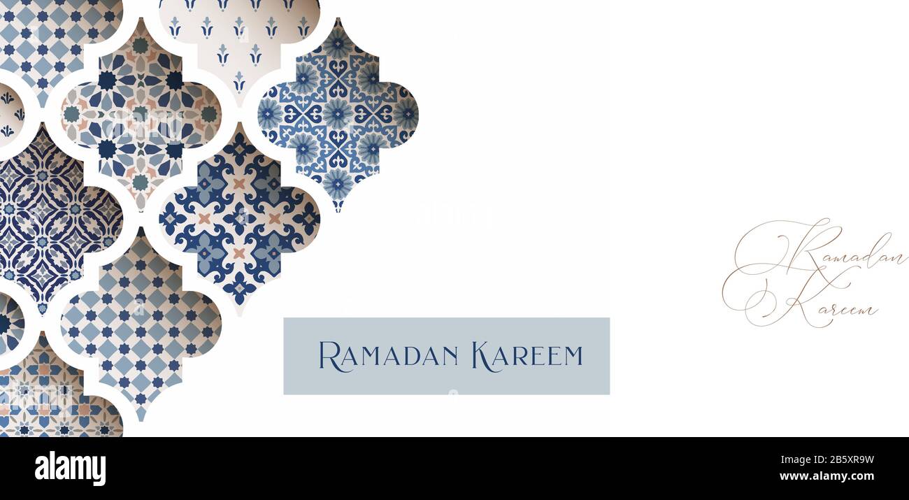 Close-up of blue ornamental arabic tiles, patterns through white mosque ...