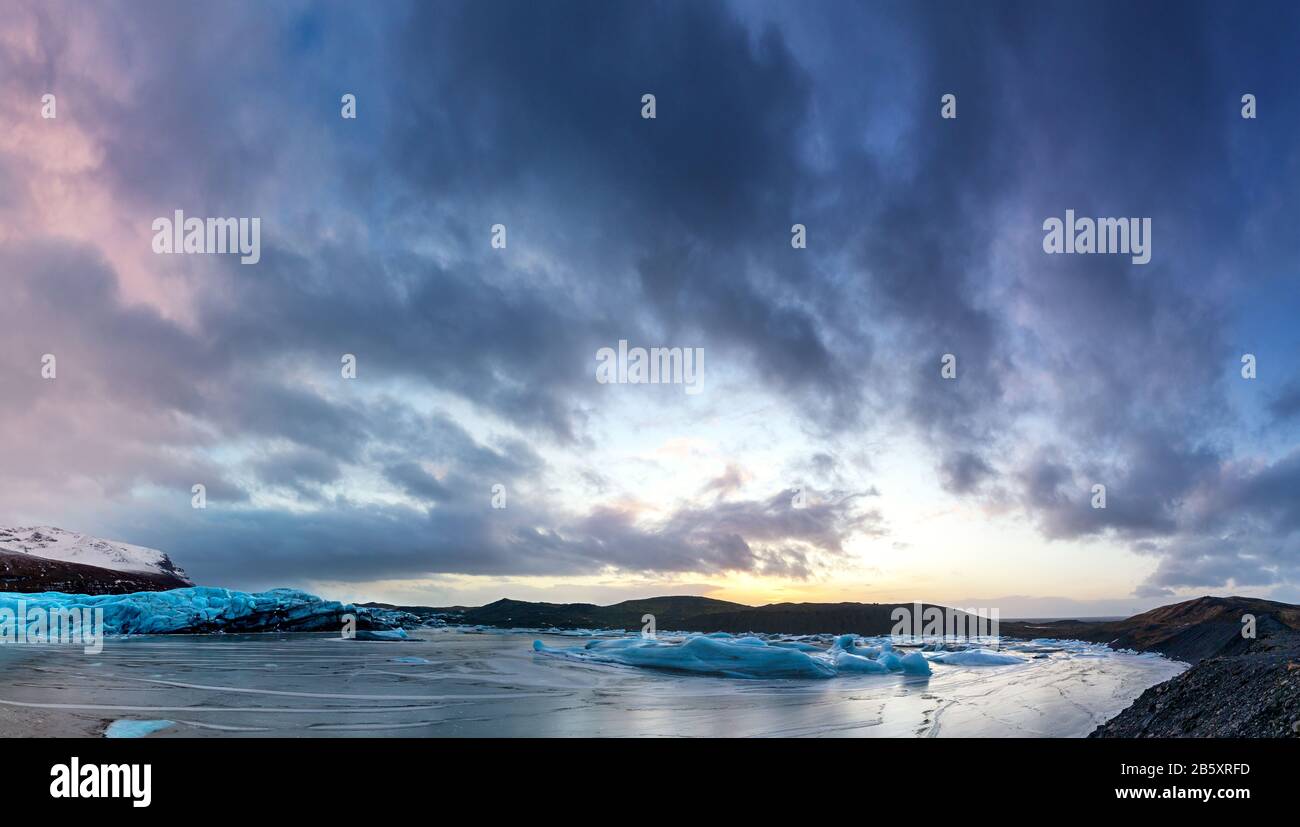 Panorama of the Svinafellsjokul glacier in southeast Iceland at dusk