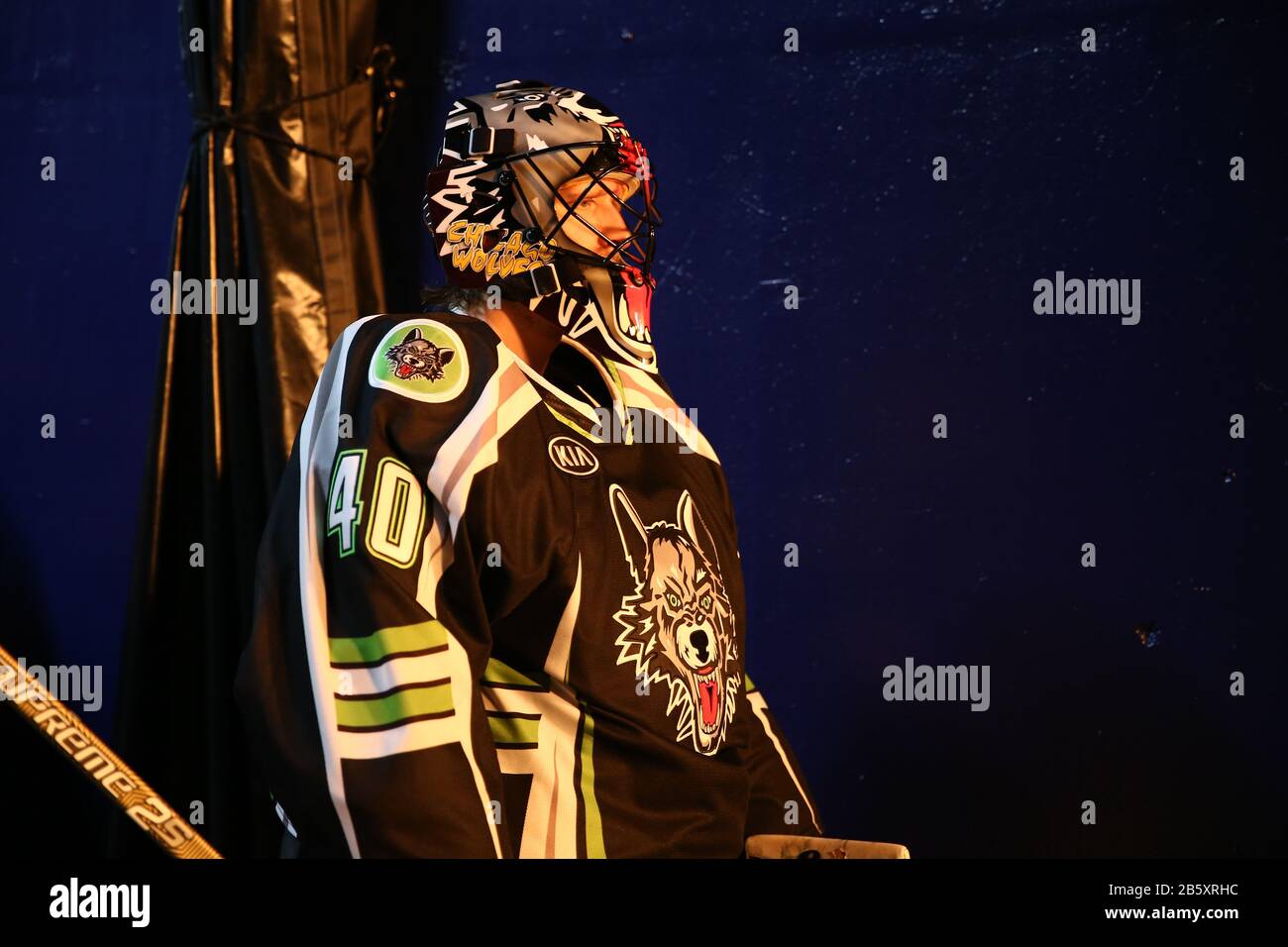 Chicago Wolves goalie Garret Sparks (40) watches fireworks during an AHL Illinois Lottery Cup game against the Rockford IceHogs, Sunday, March 8, 2020, in Rosemont, Ilinois, USA. (Photo by IOS/ESPA-Images) Stock Photo